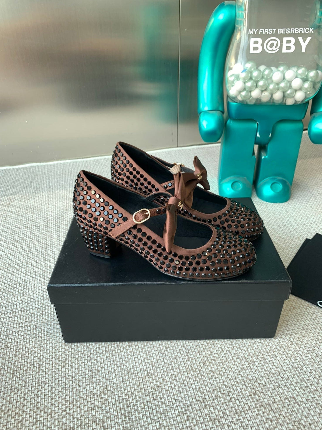 CC MARY JANES SHOES IN UMBER BROWN SATIN WITH RHINESTONES