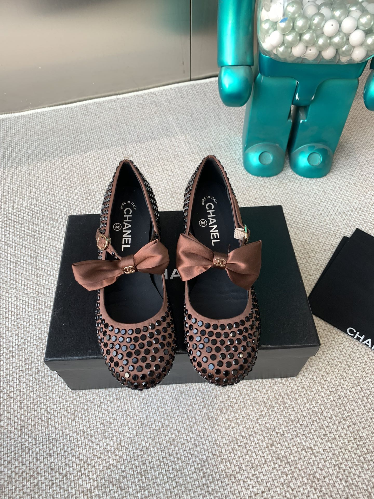 CC MARY JANES SHOES IN UMBER BROWN SATIN WITH RHINESTONES