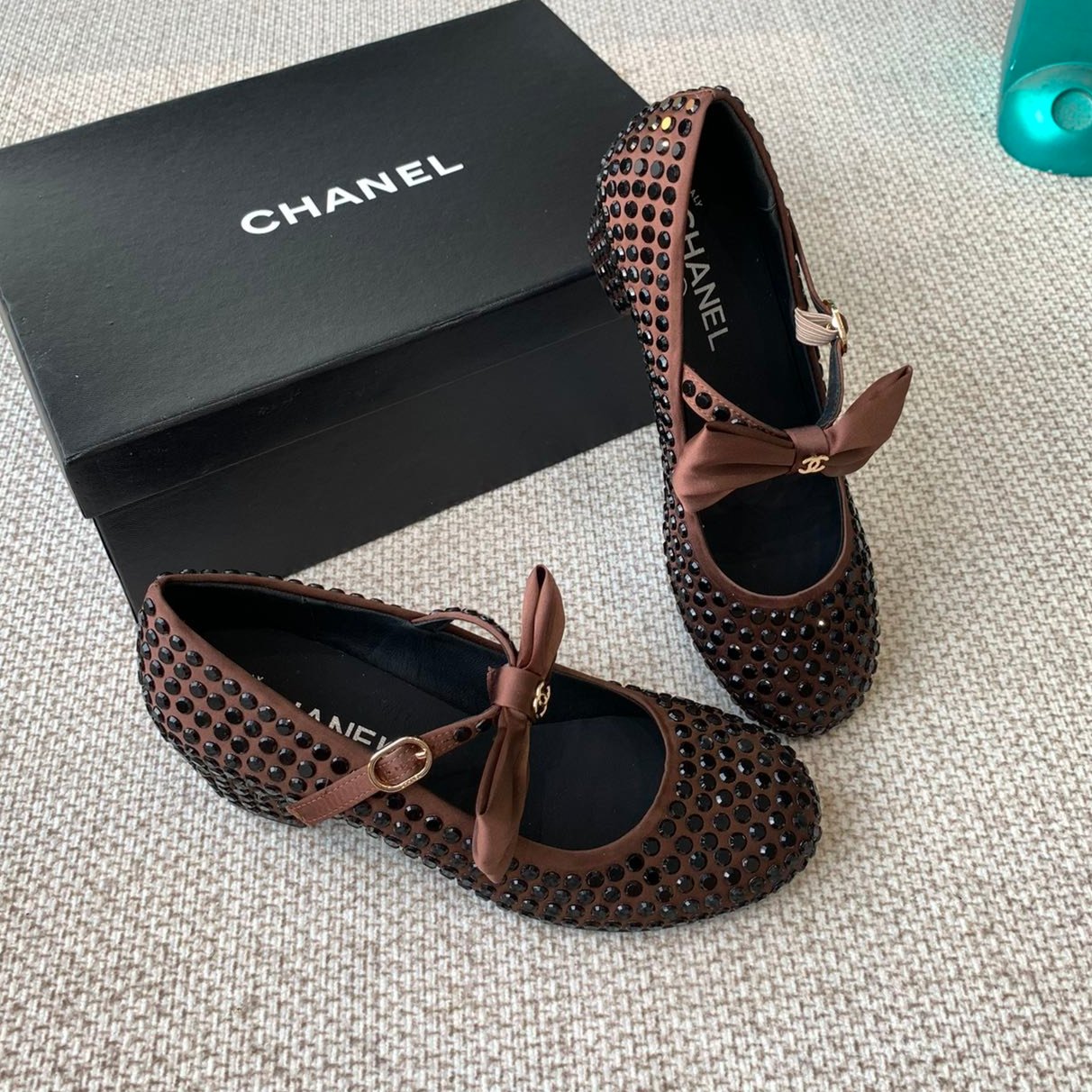 CC MARY JANES SHOES IN UMBER BROWN SATIN WITH RHINESTONES