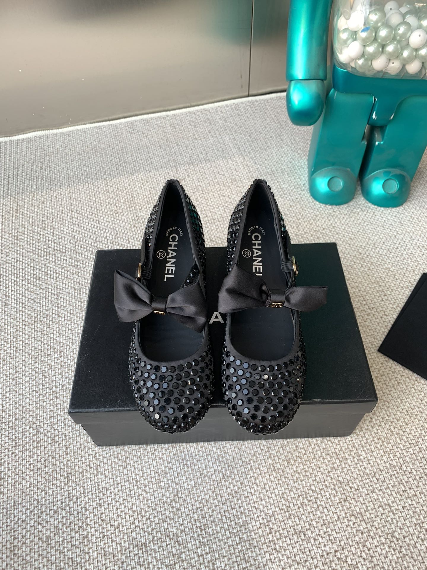 CC MARY JANES SHOES IN BLACK SATIN WITH RHINESTONES