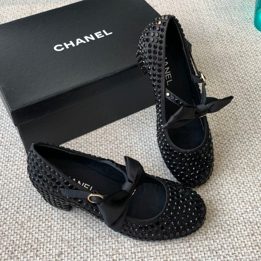 CC MARY JANES SHOES IN BLACK SATIN WITH RHINESTONES