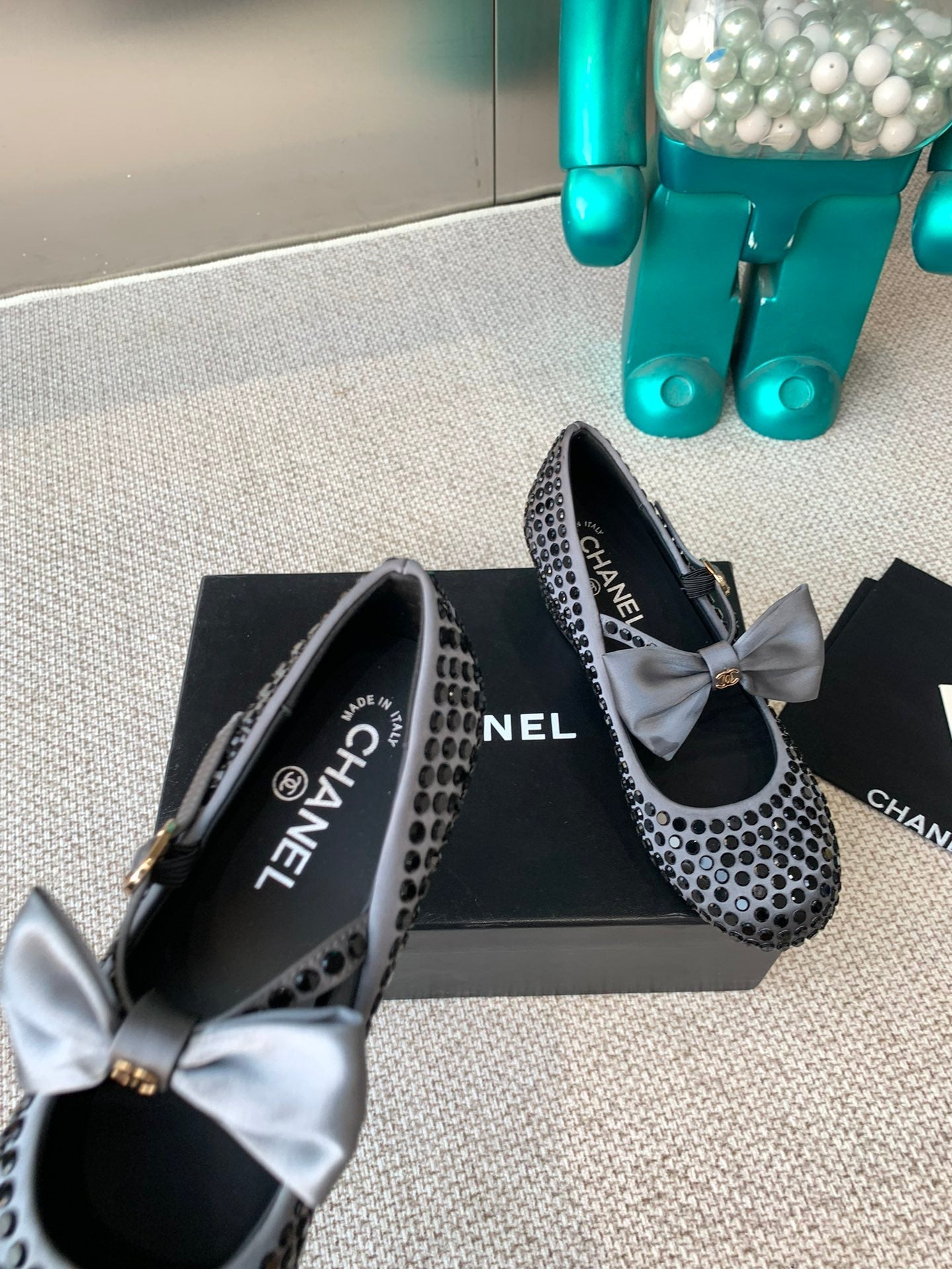 CC MARY JANES SHOES IN STEEL GRAY SATIN WITH BLACK RHINESTONES