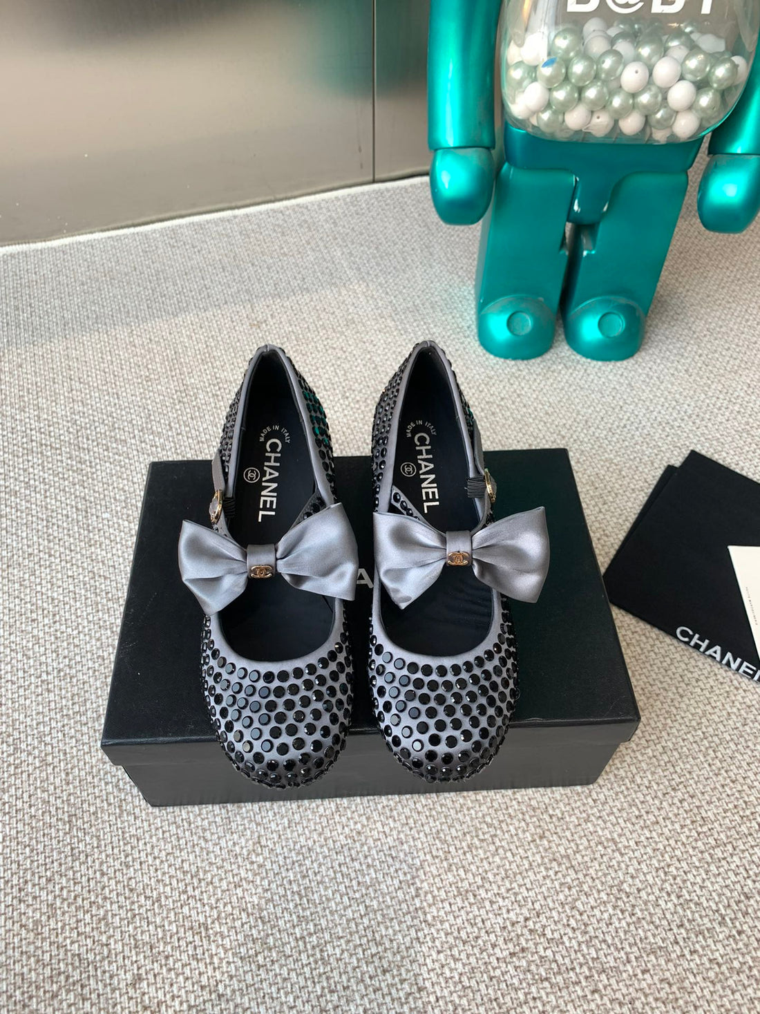 CC MARY JANES SHOES IN STEEL GRAY SATIN WITH BLACK RHINESTONES