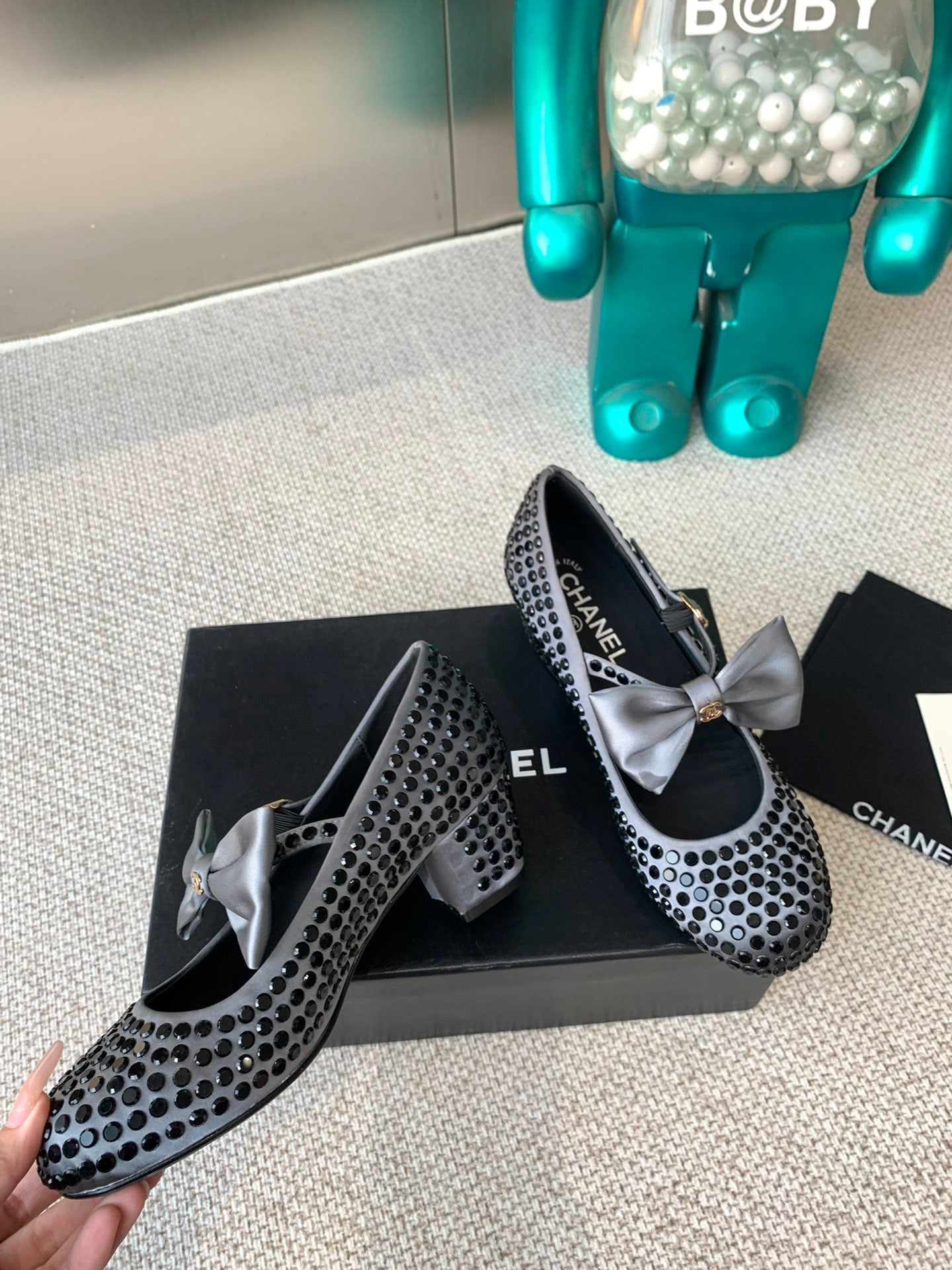 CC MARY JANES SHOES IN STEEL GRAY SATIN WITH BLACK RHINESTONES