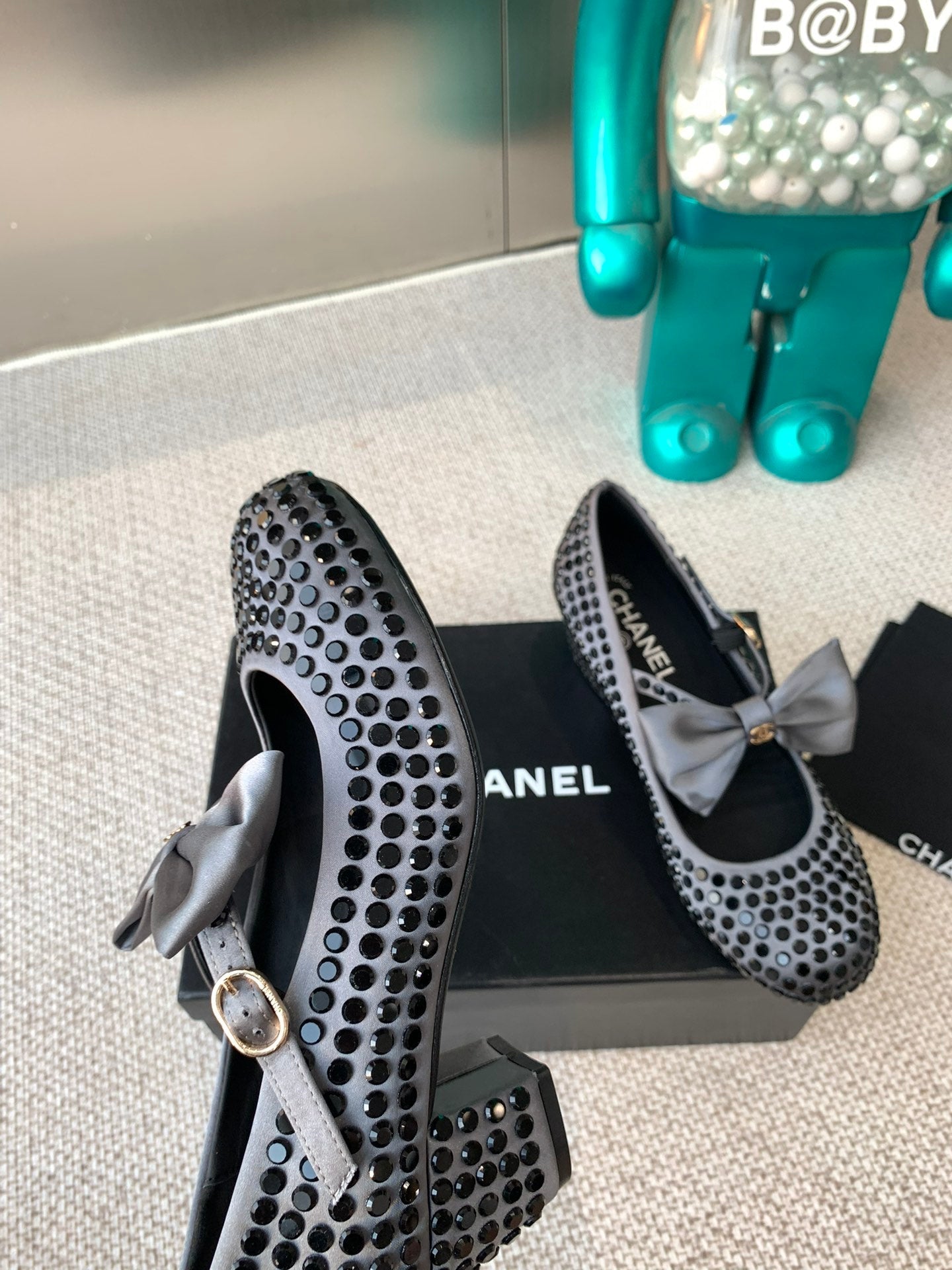 CC MARY JANES SHOES IN STEEL GRAY SATIN WITH BLACK RHINESTONES