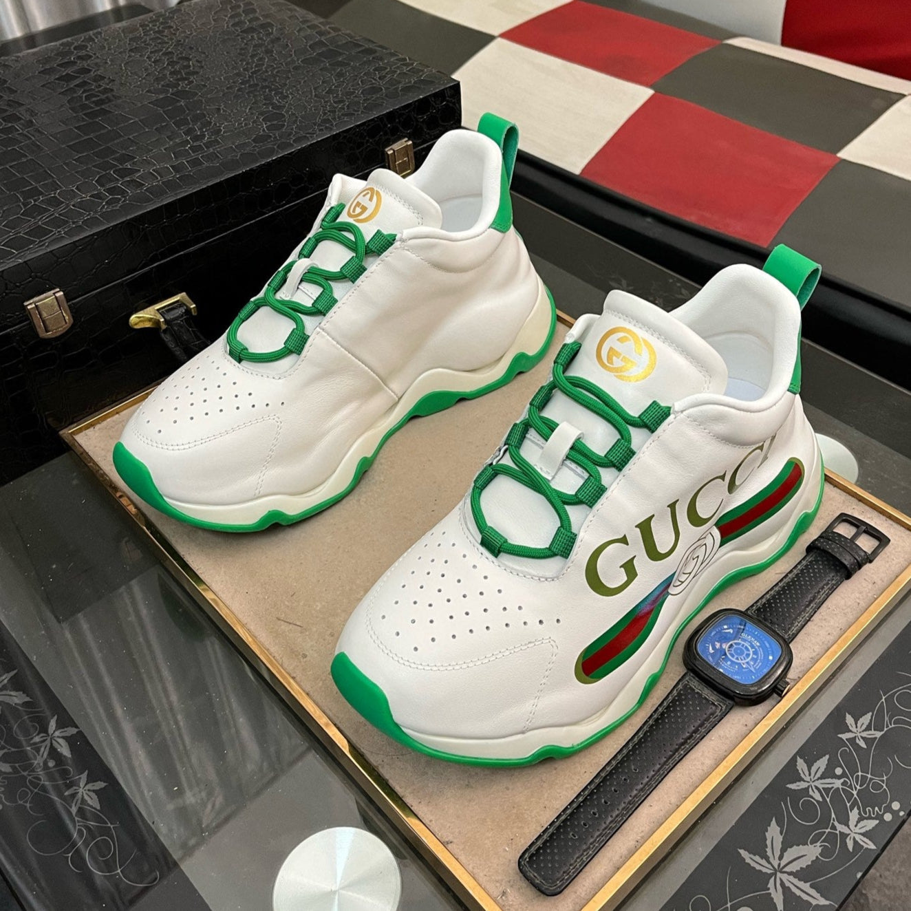 GG Men's Sneaker White Green Cowhide 529925