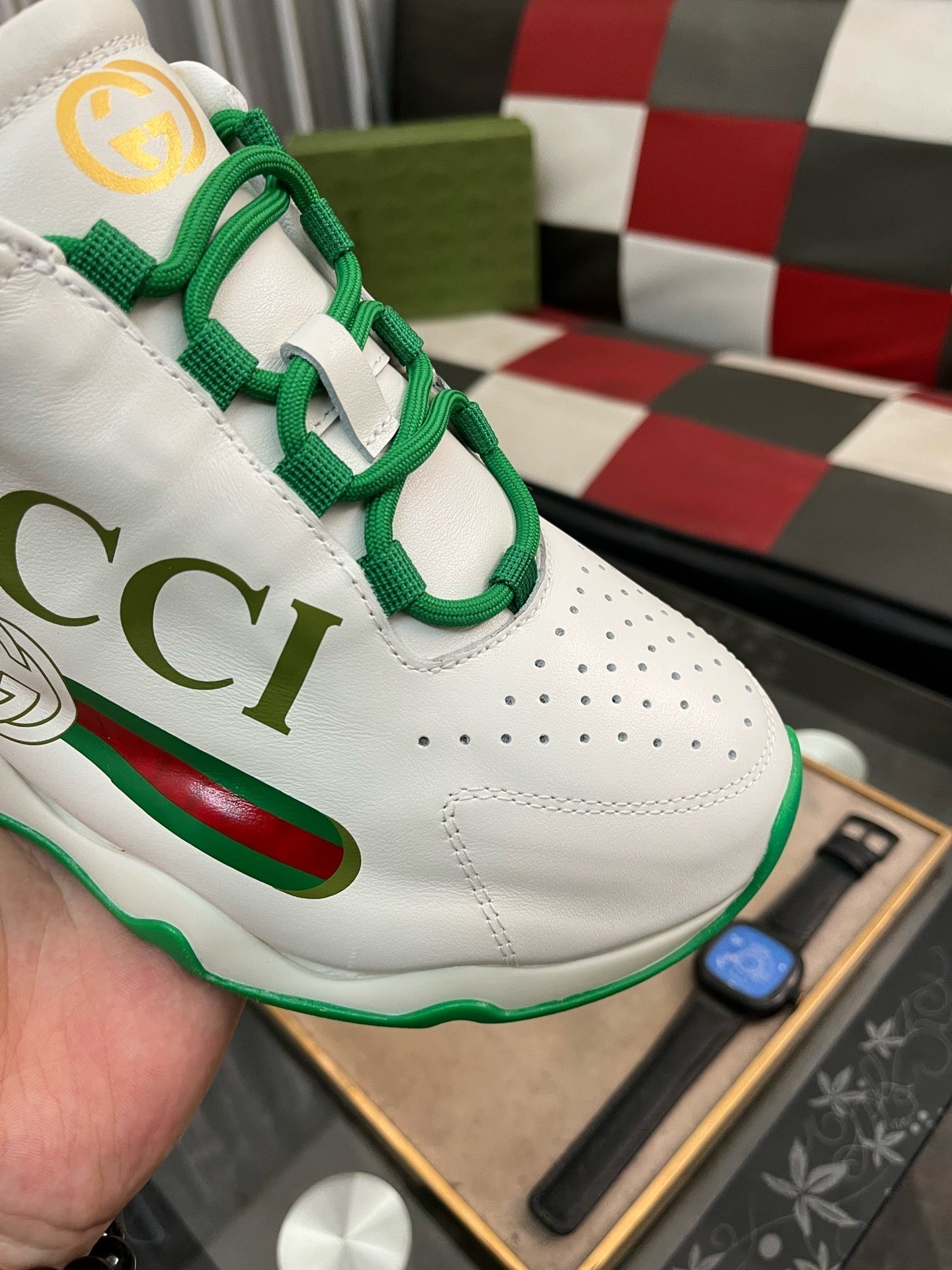 GG Men's Sneaker White Green Cowhide 529925