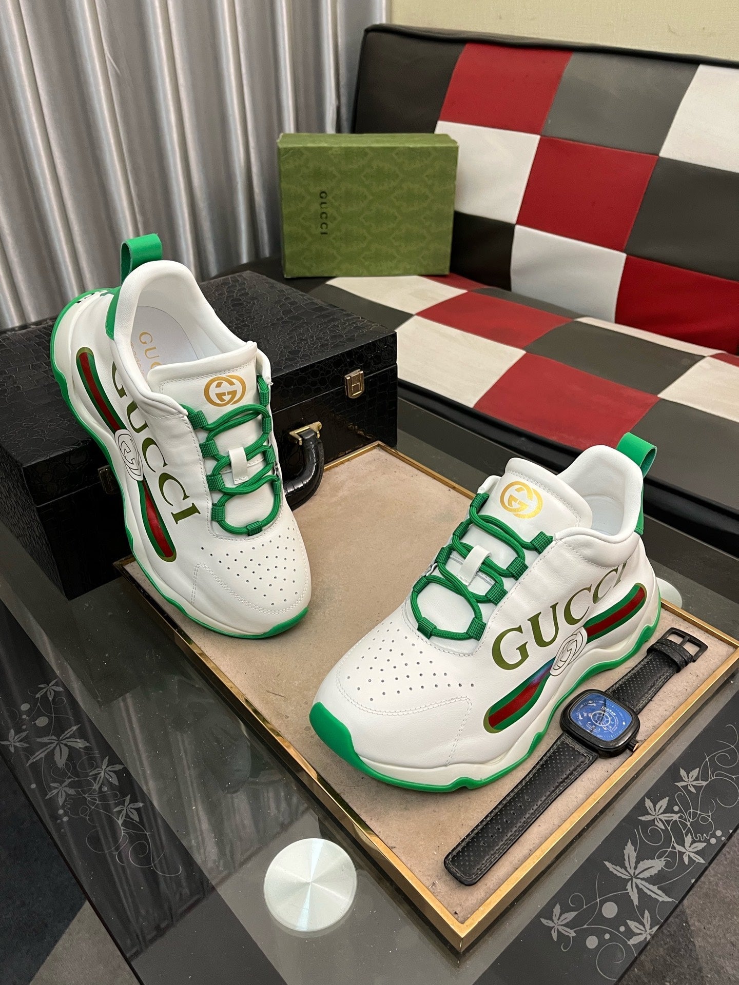 GG Men's Sneaker White Green Cowhide 529925