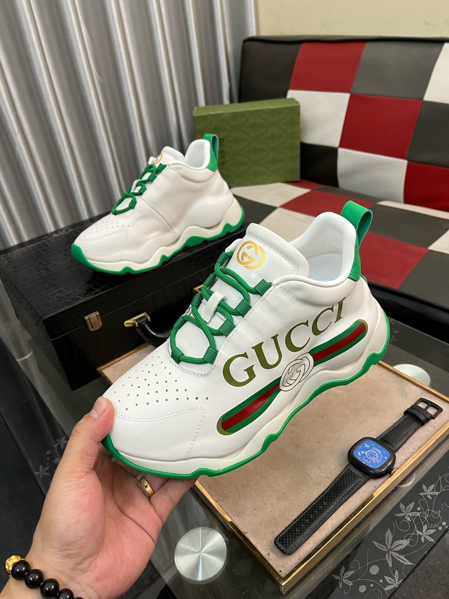 GG Men's Sneaker White Green Cowhide 529925