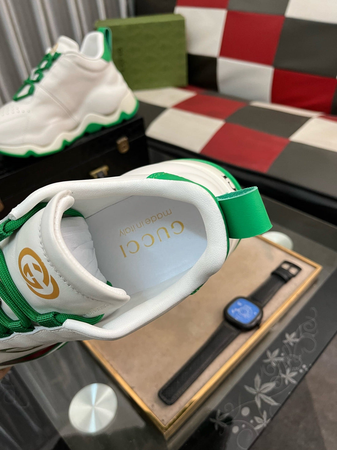 GG Men's Sneaker White Green Cowhide 529925