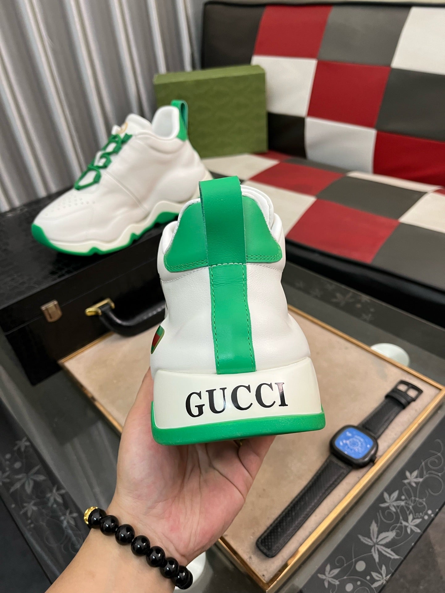 GG Men's Sneaker White Green Cowhide 529925