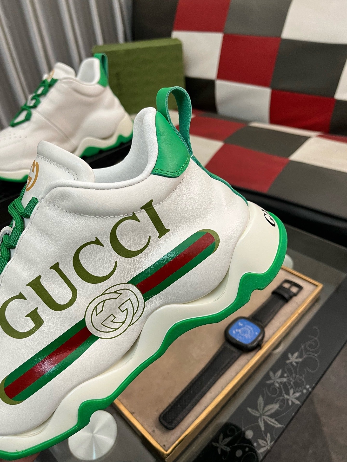 GG Men's Sneaker White Green Cowhide 529925