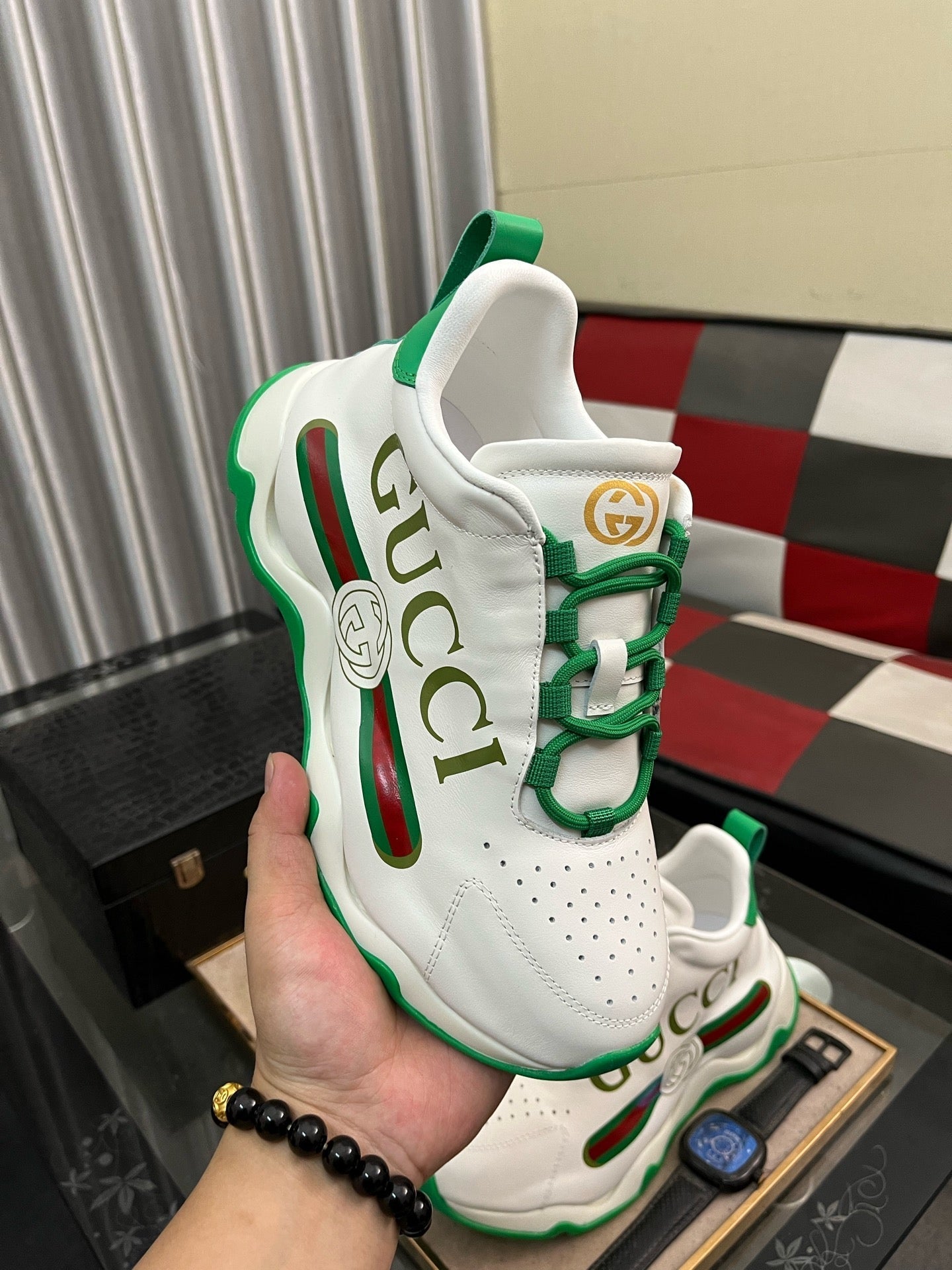 GG Men's Sneaker White Green Cowhide 529925