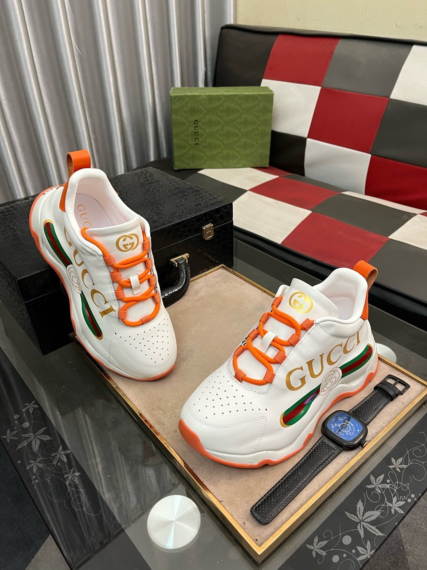 GG Men's Sneaker White Orange Cowhide 529926