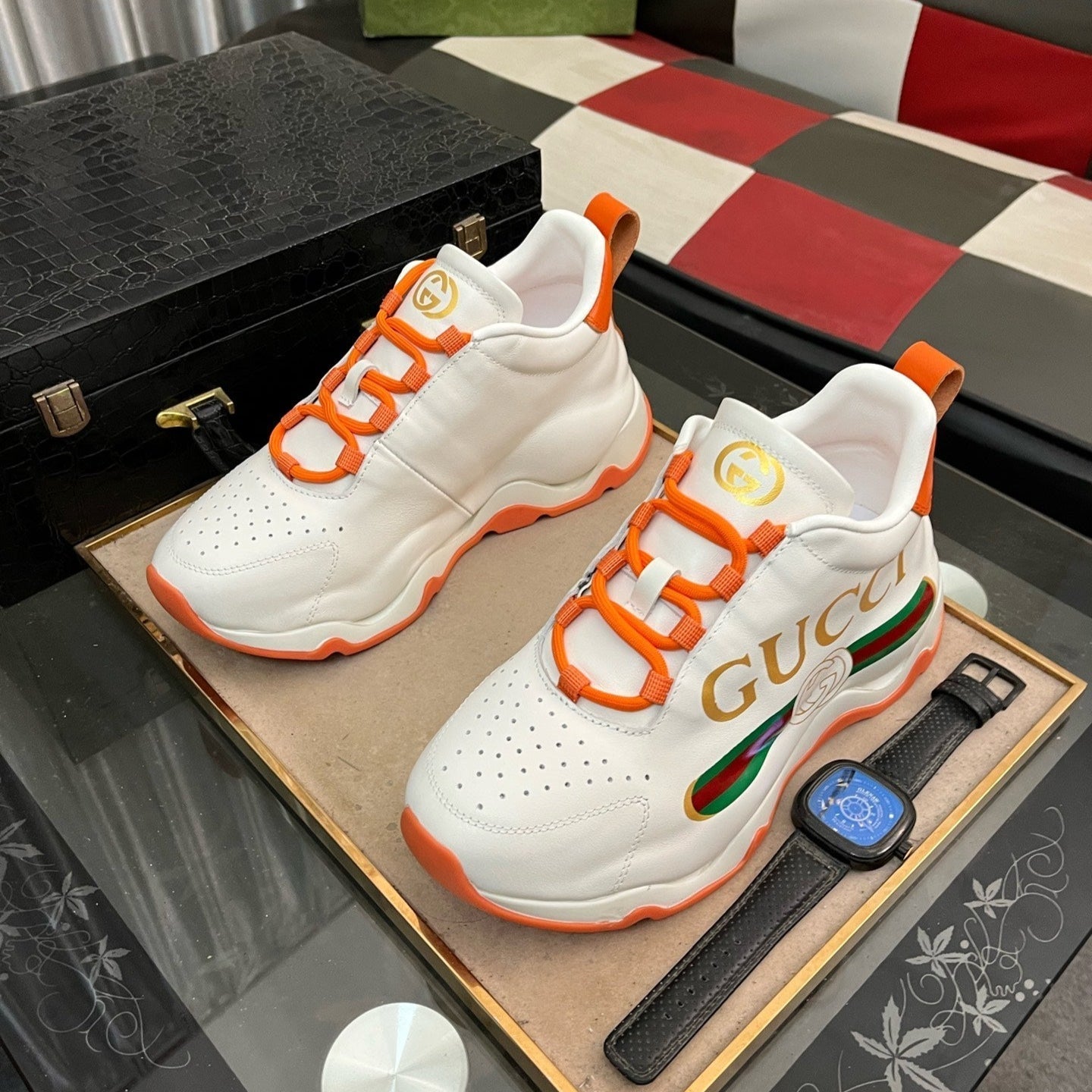 GG Men's Sneaker White Orange Cowhide 529926