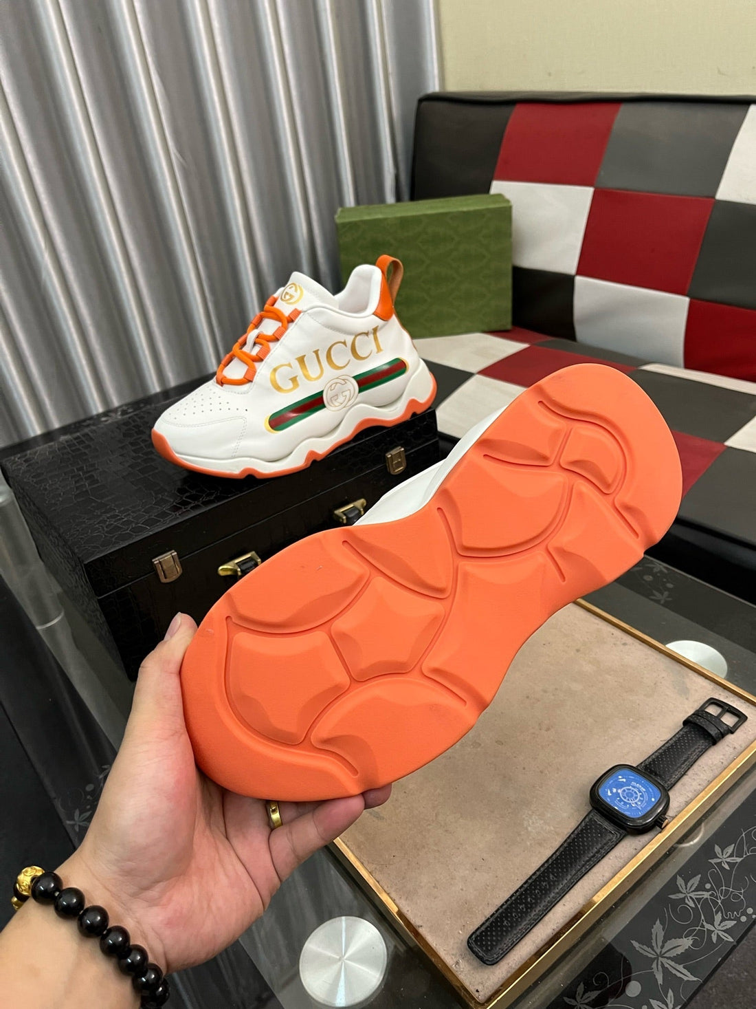 GG Men's Sneaker White Orange Cowhide 529926