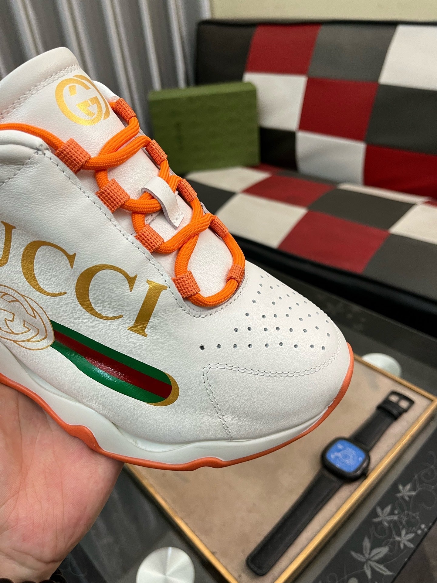 GG Men's Sneaker White Orange Cowhide 529926