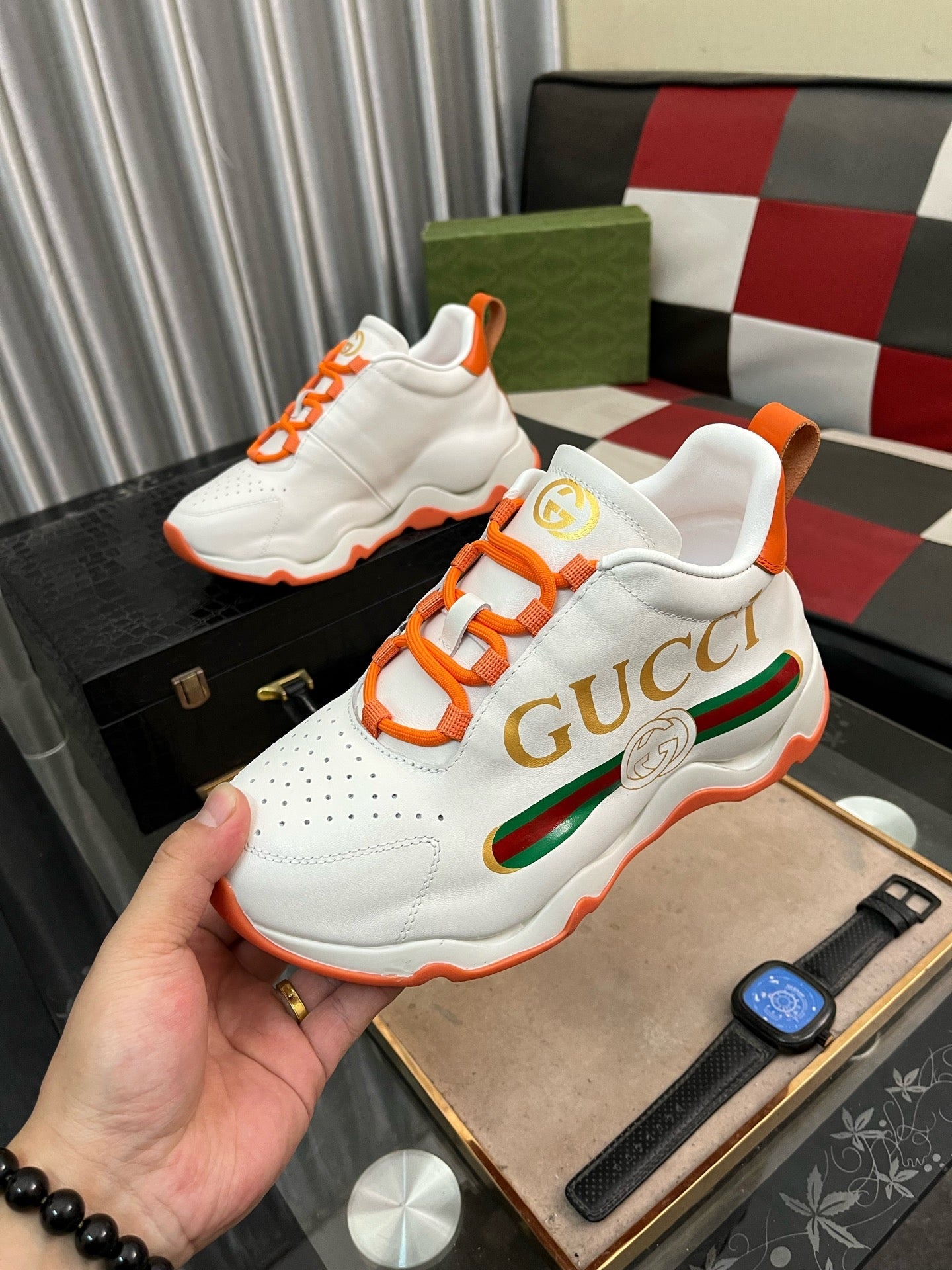 GG Men's Sneaker White Orange Cowhide 529926