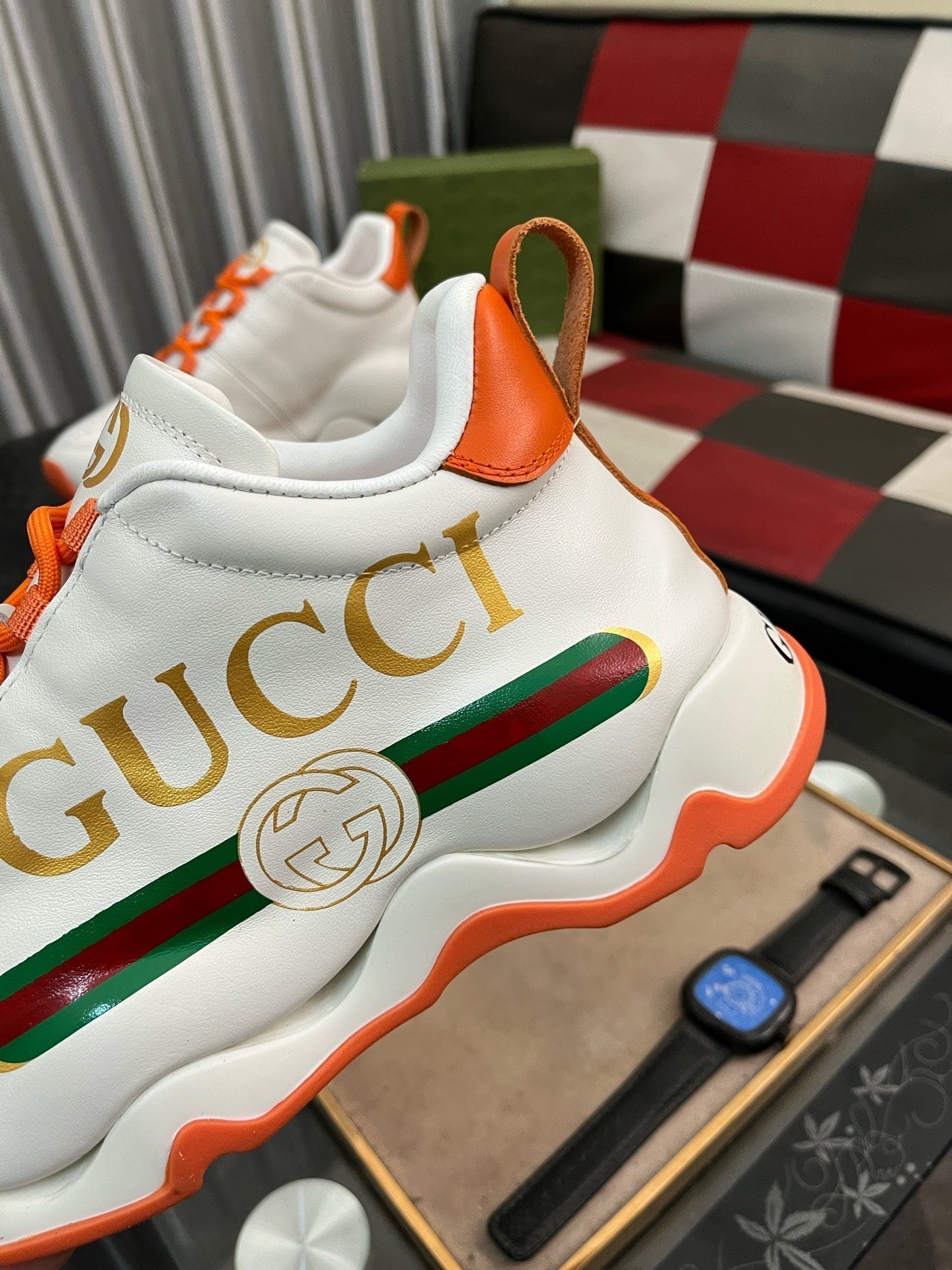 GG Men's Sneaker White Orange Cowhide 529926