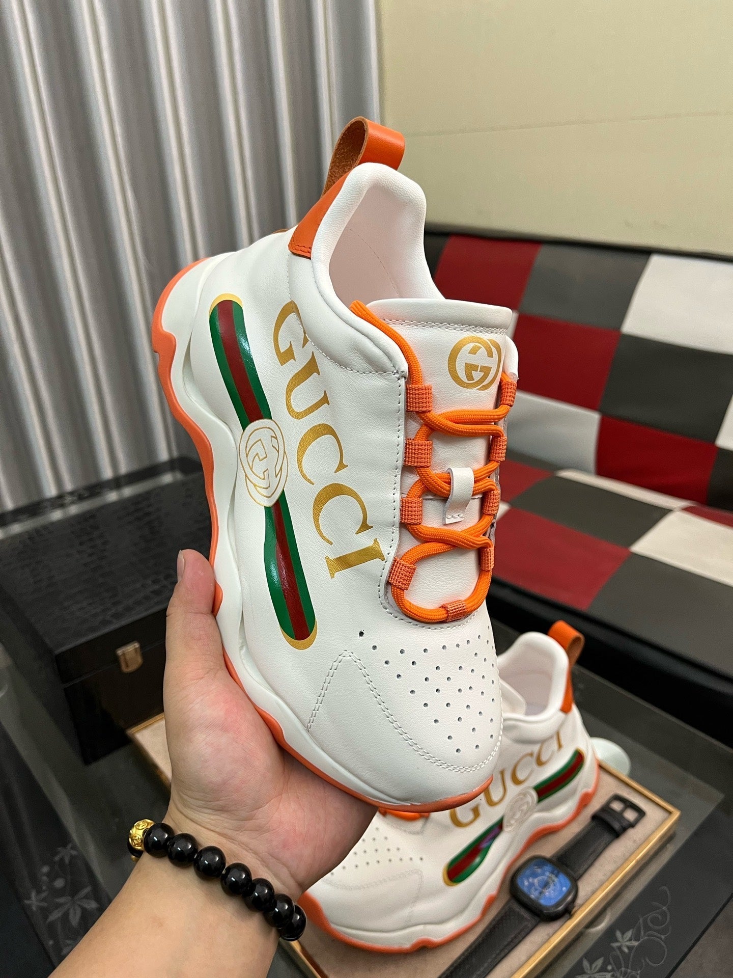 GG Men's Sneaker White Orange Cowhide 529926