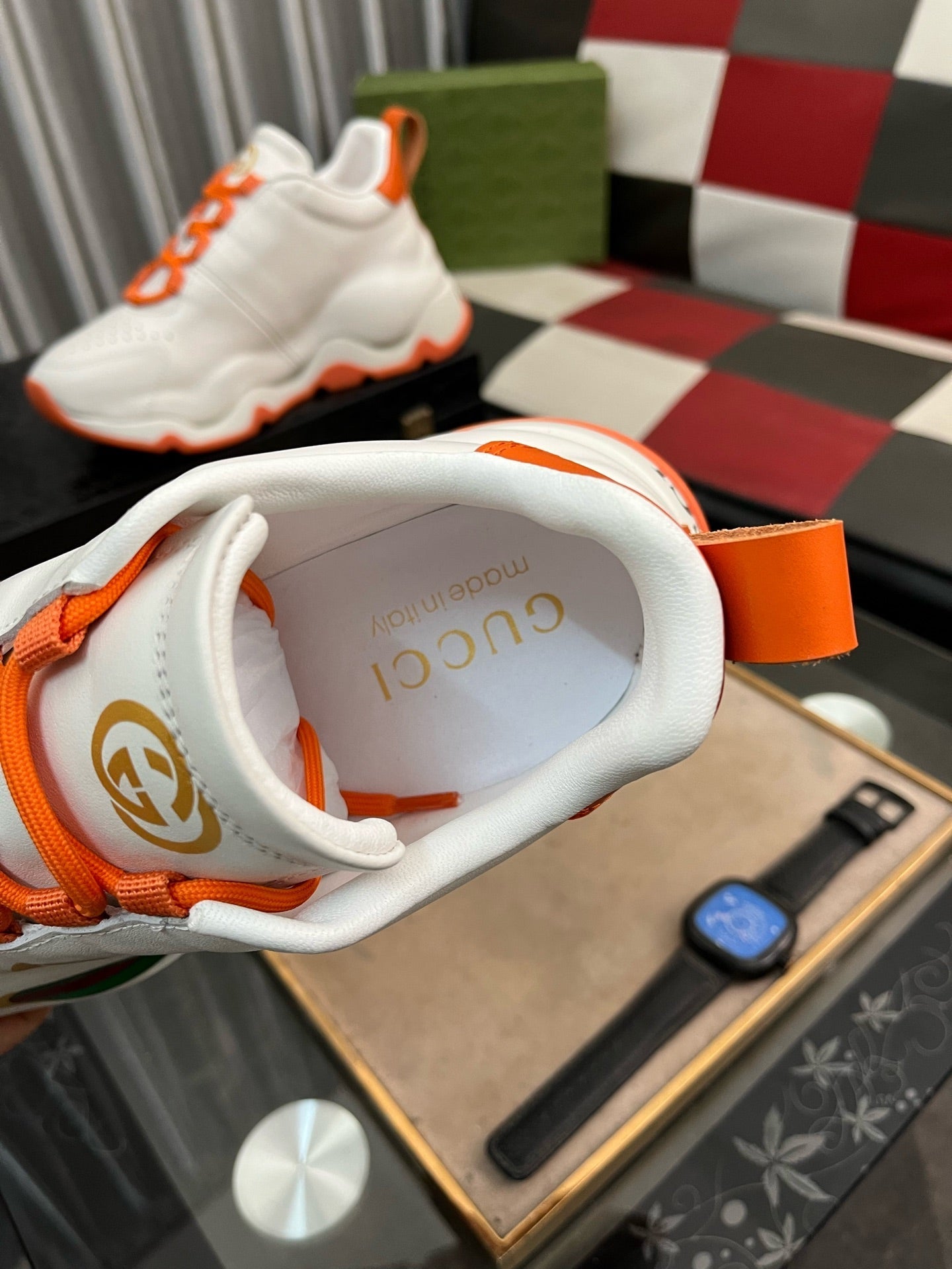 GG Men's Sneaker White Orange Cowhide 529926