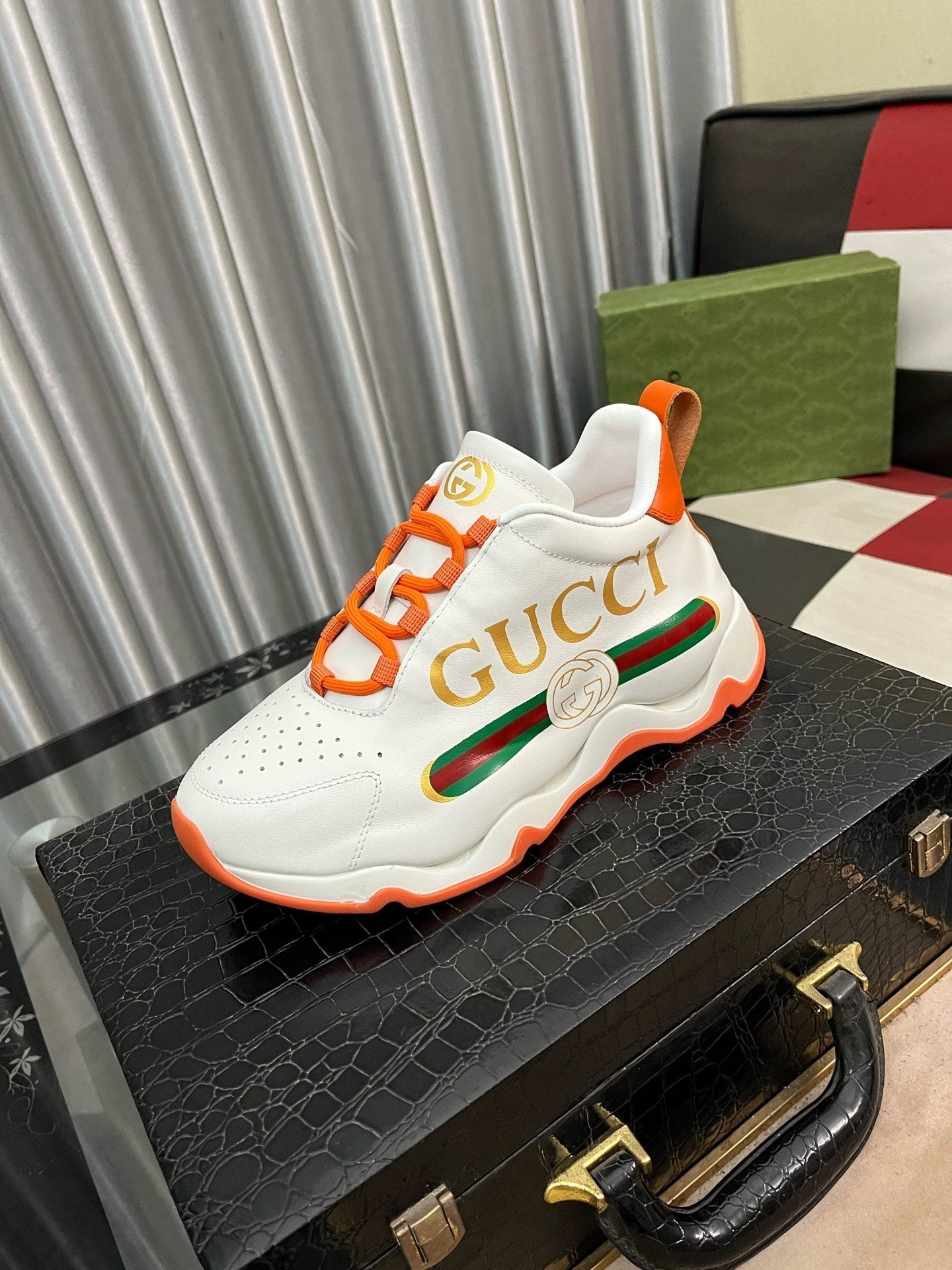 GG Men's Sneaker White Orange Cowhide 529926