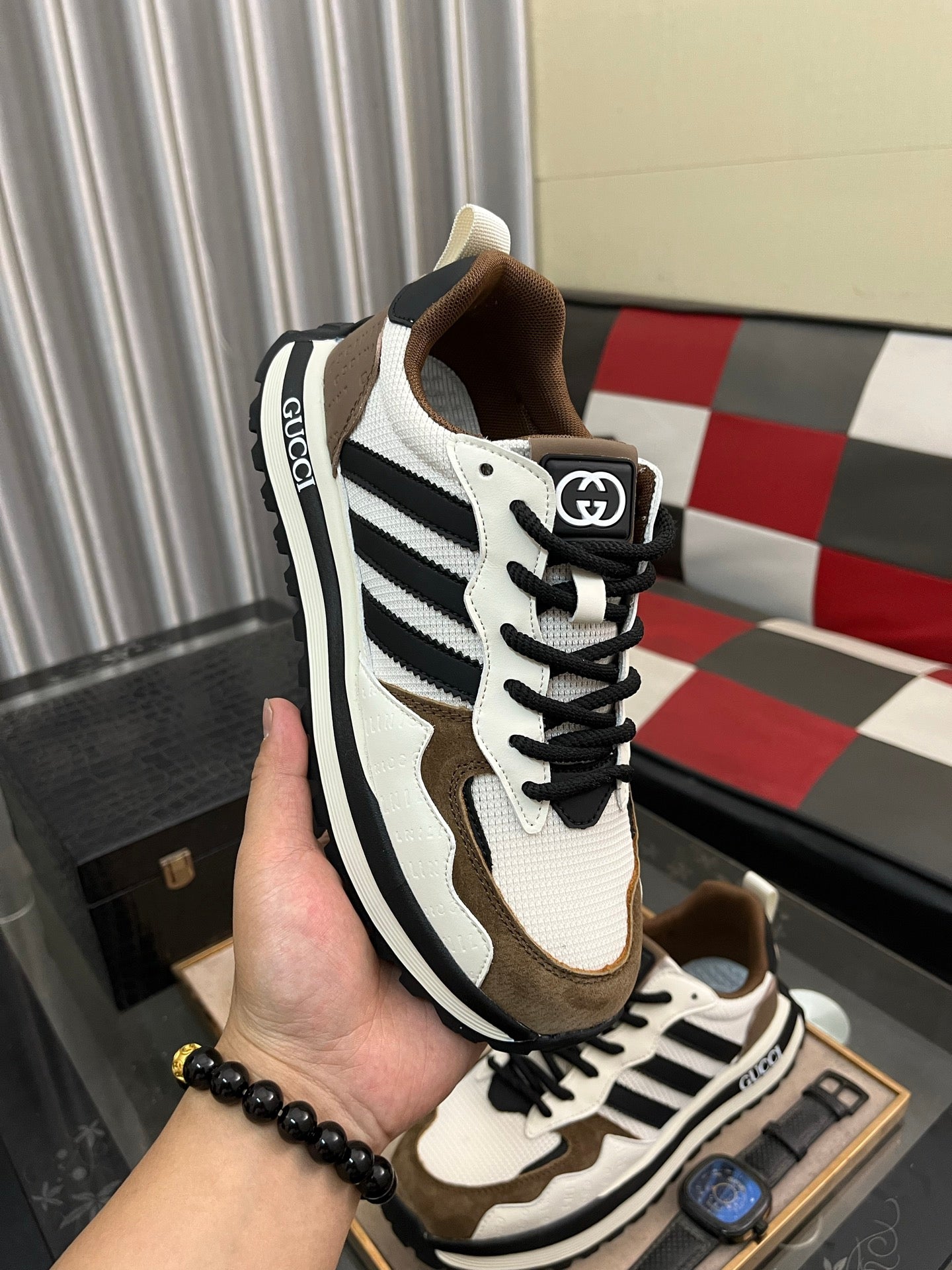 GG x Adidas Men's Sneaker White Brown Mesh Suede 554164