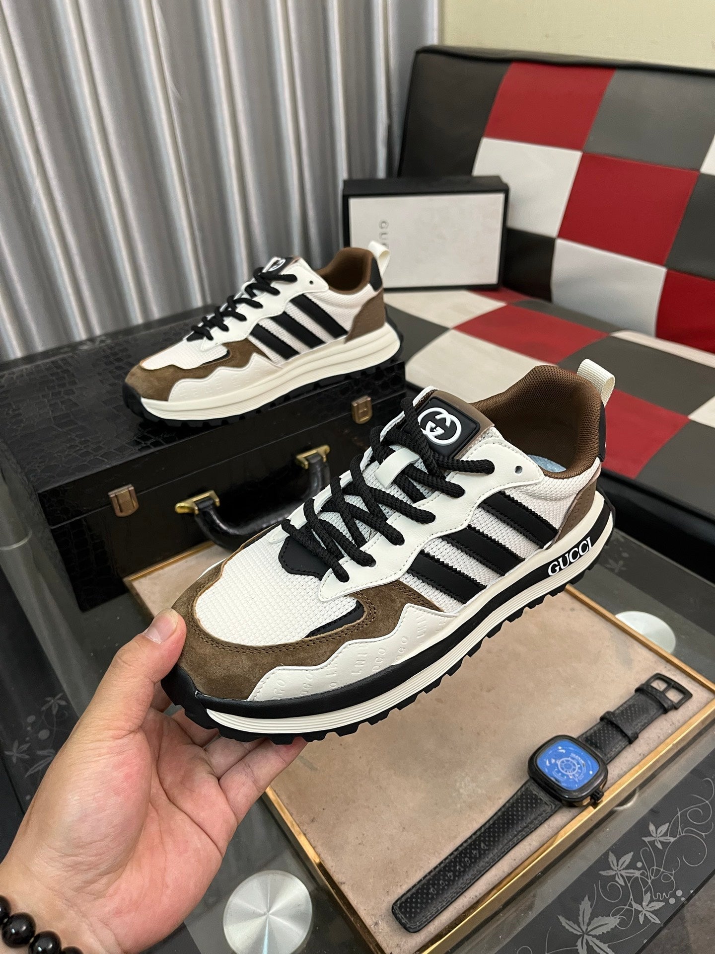 GG x Adidas Men's Sneaker White Brown Mesh Suede 554164