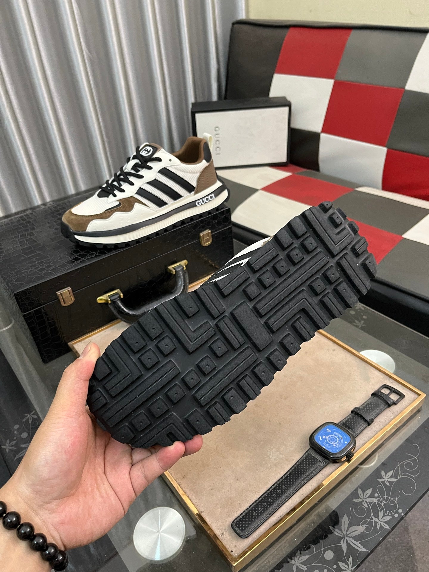 GG x Adidas Men's Sneaker White Brown Mesh Suede 554164