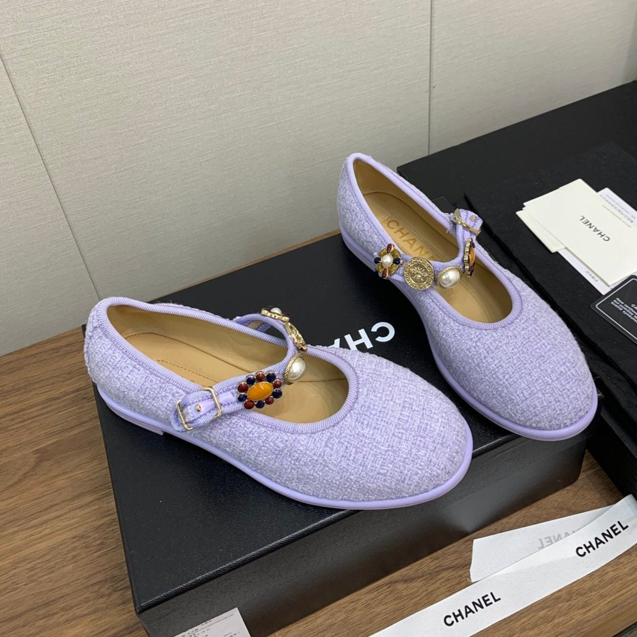 CC MARY JANES VIOLET WOOL TWEED AND FABRIC