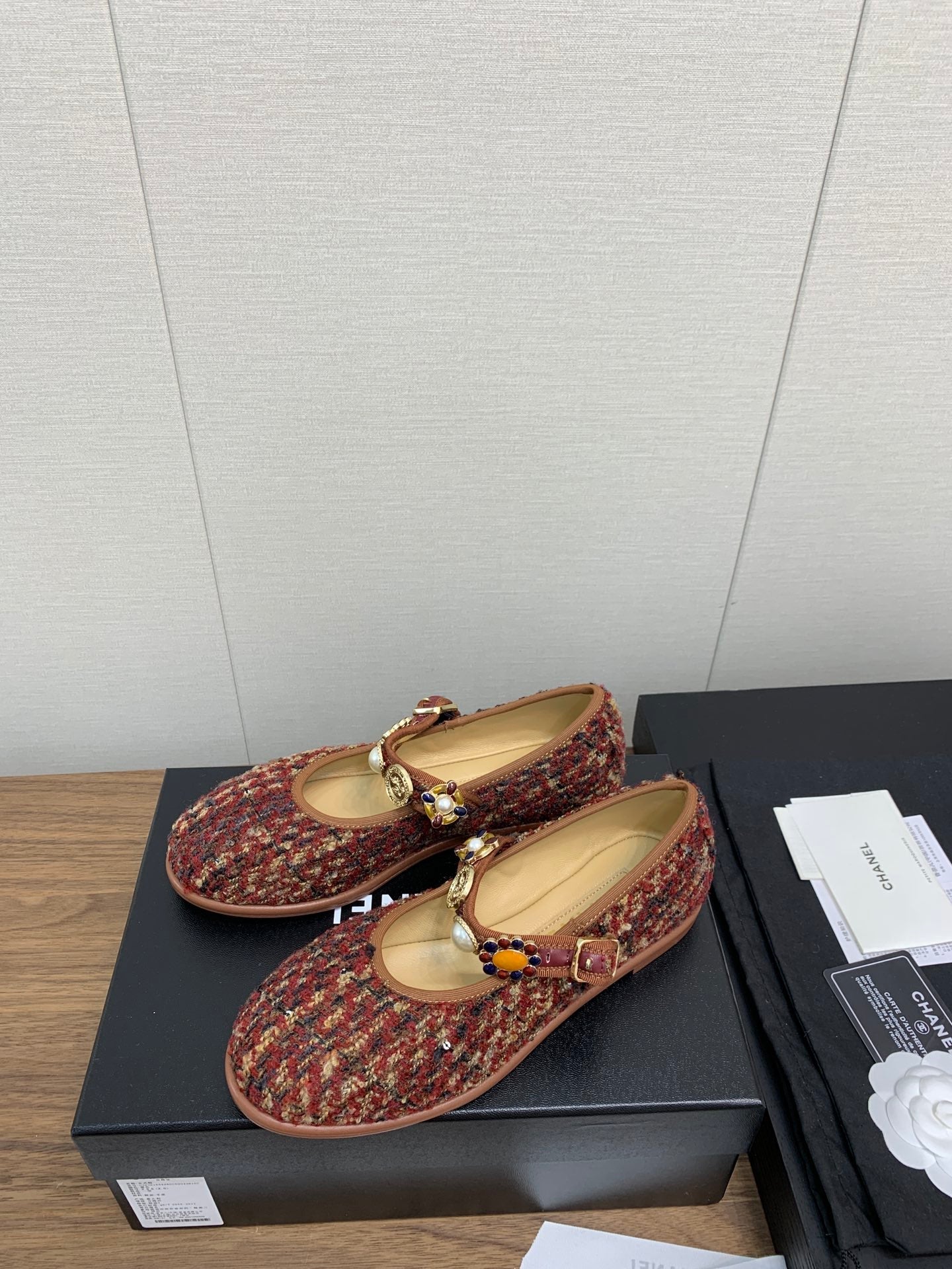 CC MARY JANES BROWN WOOL TWEED AND FABRIC