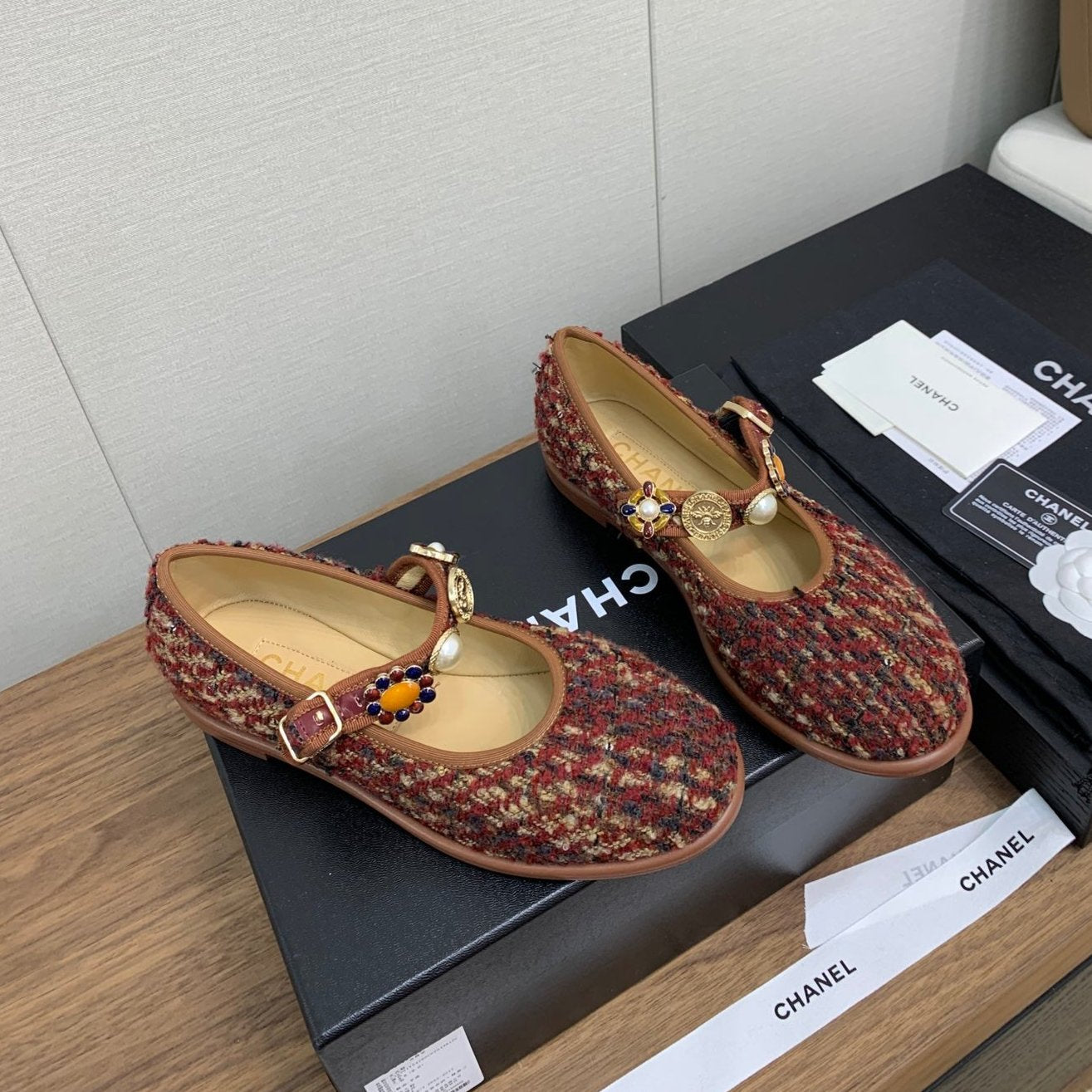 CC MARY JANES BROWN WOOL TWEED AND FABRIC