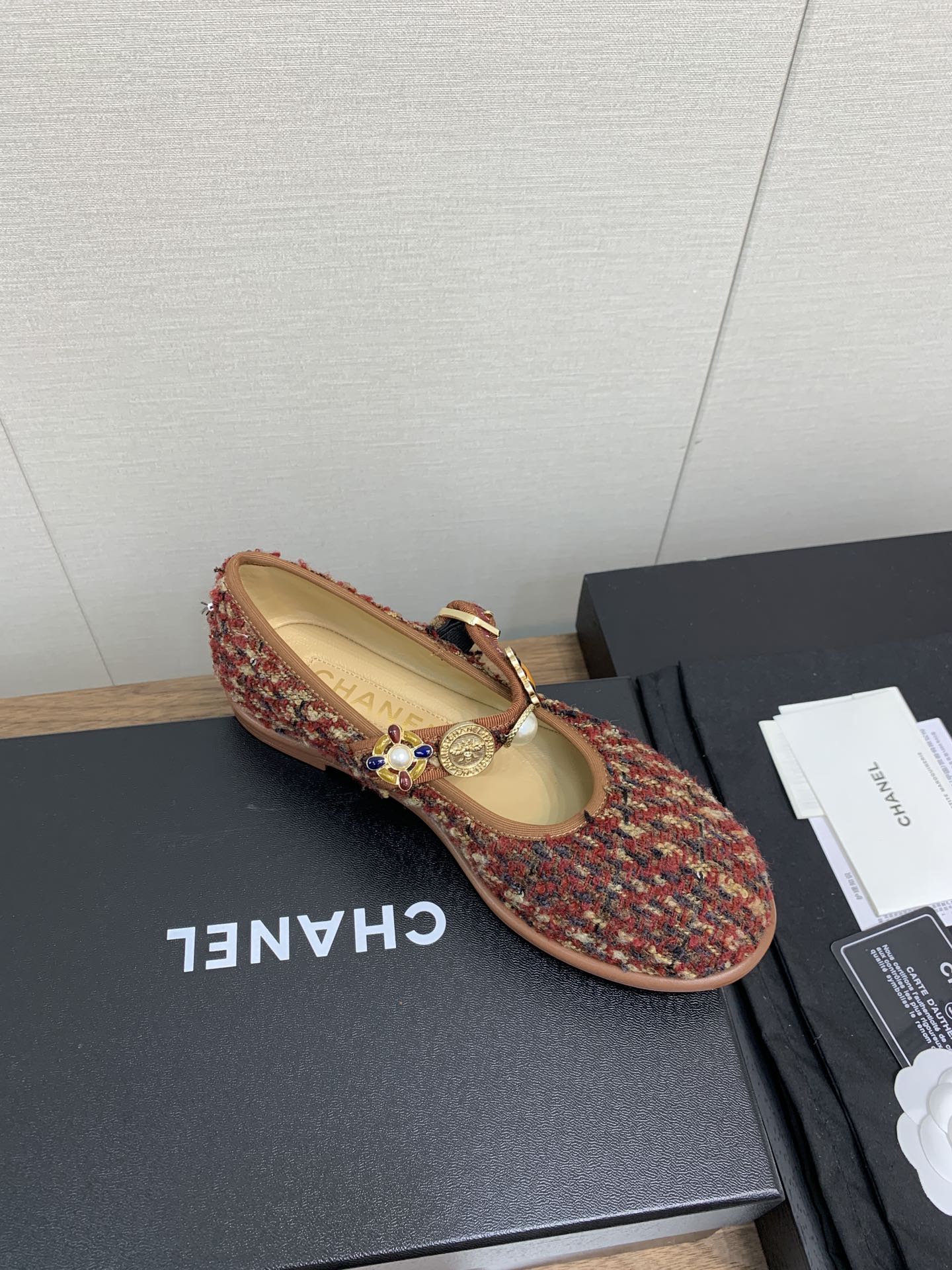 CC MARY JANES BROWN WOOL TWEED AND FABRIC