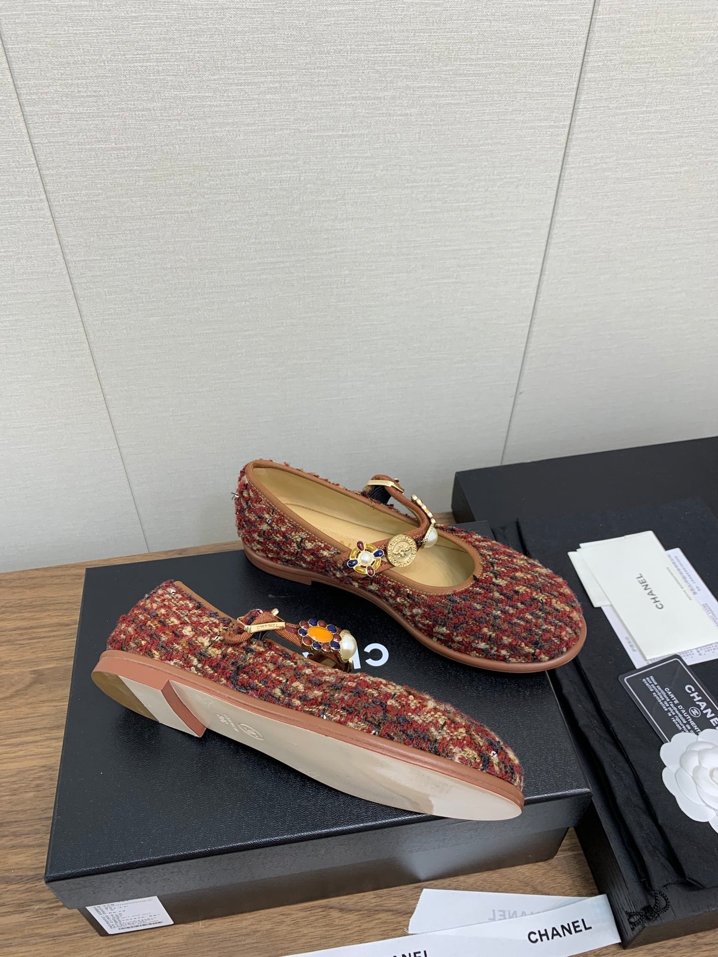 CC MARY JANES BROWN WOOL TWEED AND FABRIC