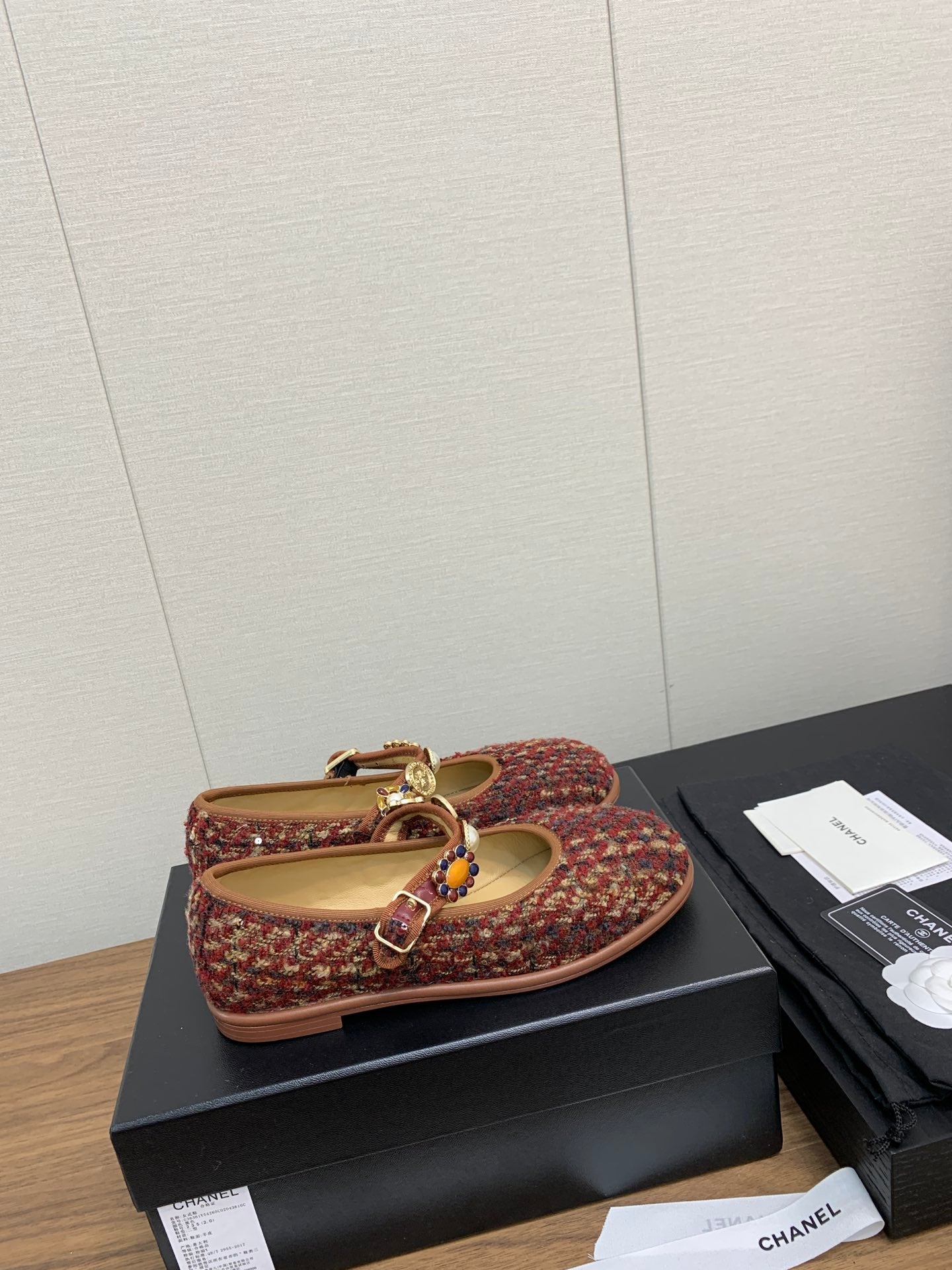 CC MARY JANES BROWN WOOL TWEED AND FABRIC