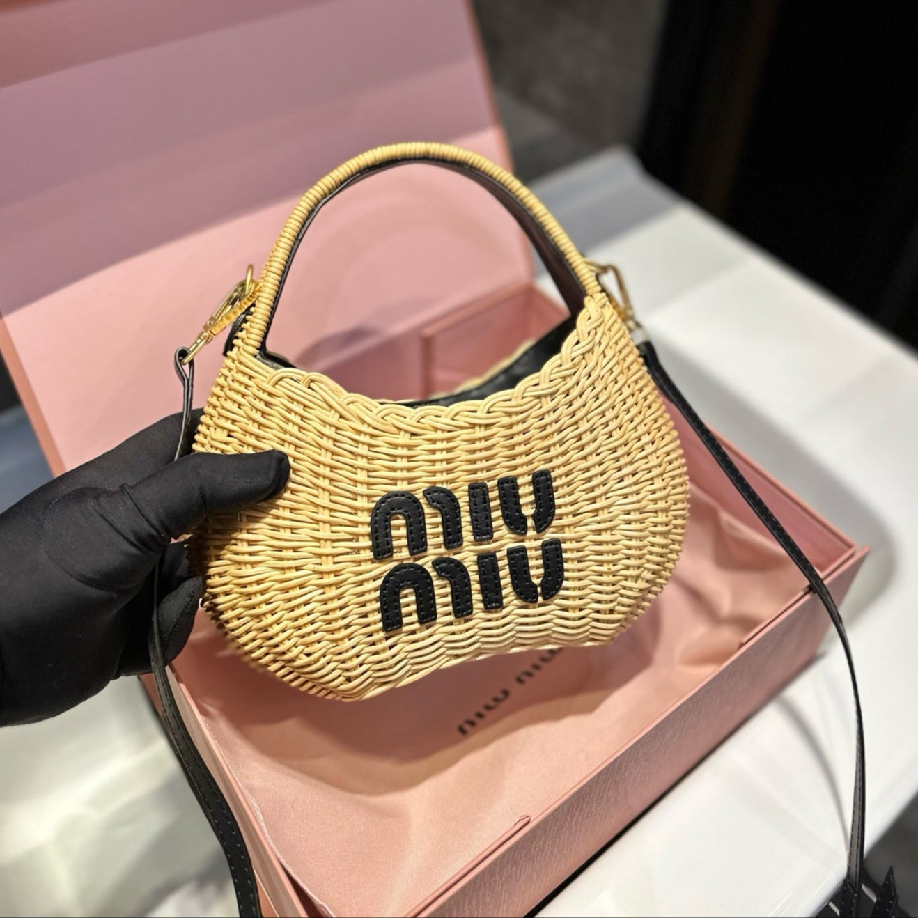 WANDER WICKER HOBO BAG 23 IN TAN BROWN HANDWOVEN WITH BLACK CALFSKIN LOGO