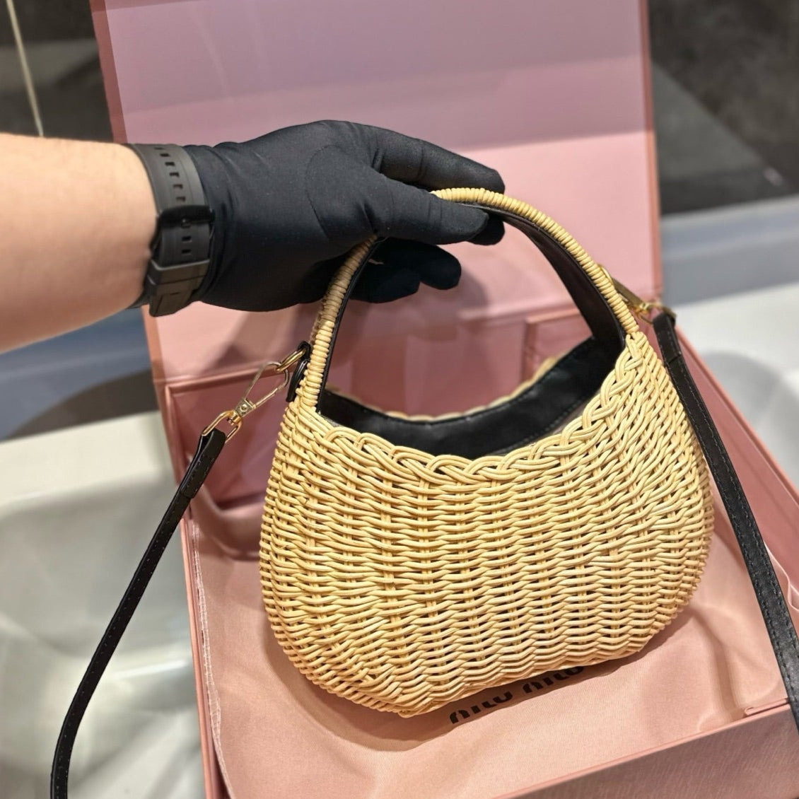 WANDER WICKER HOBO BAG 23 IN TAN BROWN HANDWOVEN WITH BLACK CALFSKIN LOGO