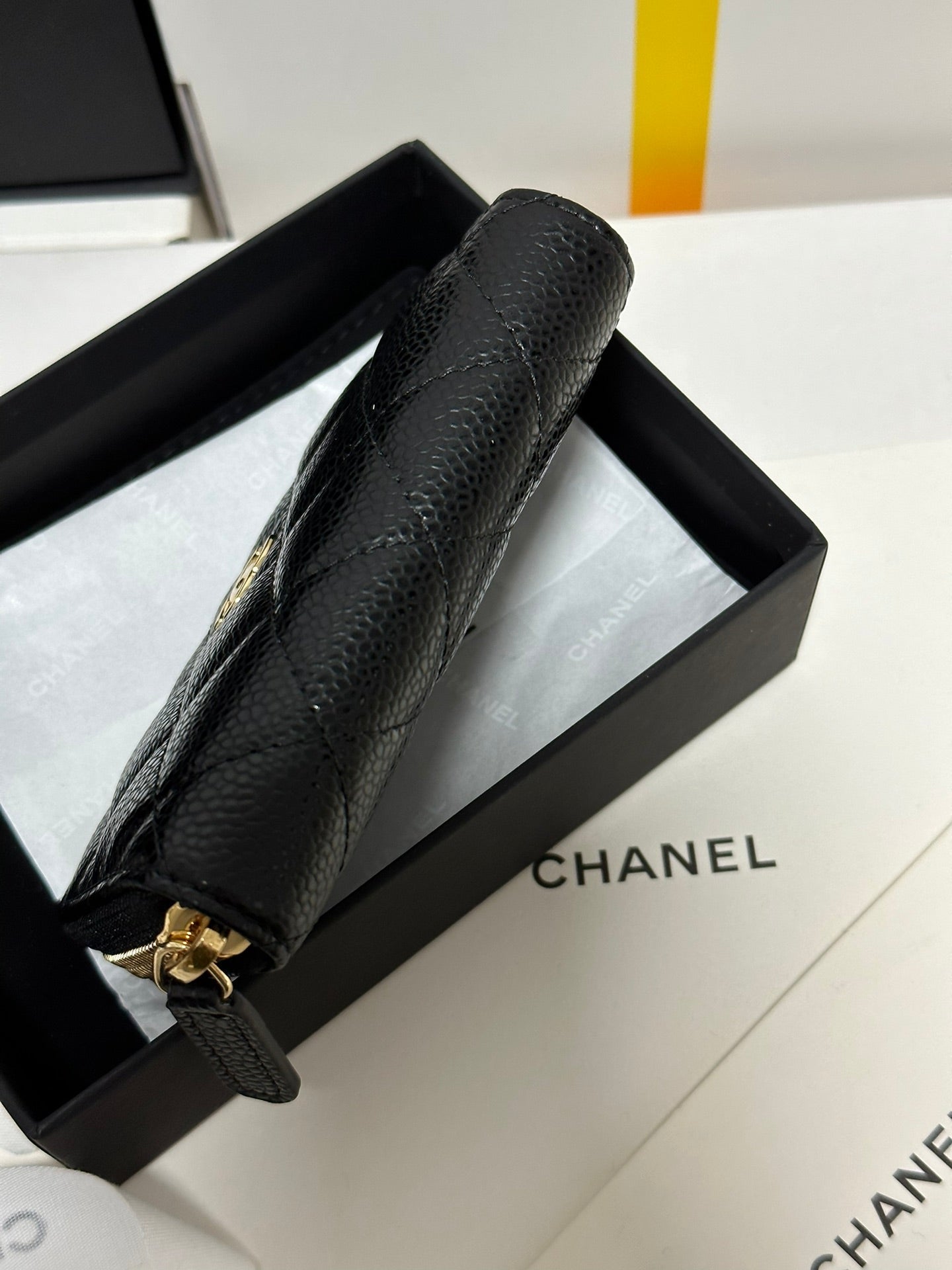 CC Classic Zipped Coin Purse Black  Quilted Caviar Gold Buckle 243691