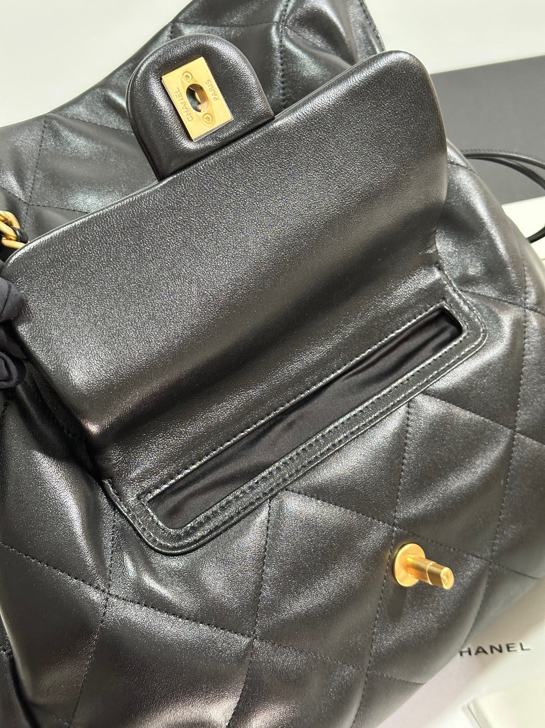 CC 25C Drawstring Backpack Black Lambskin Gold Hardware 243655