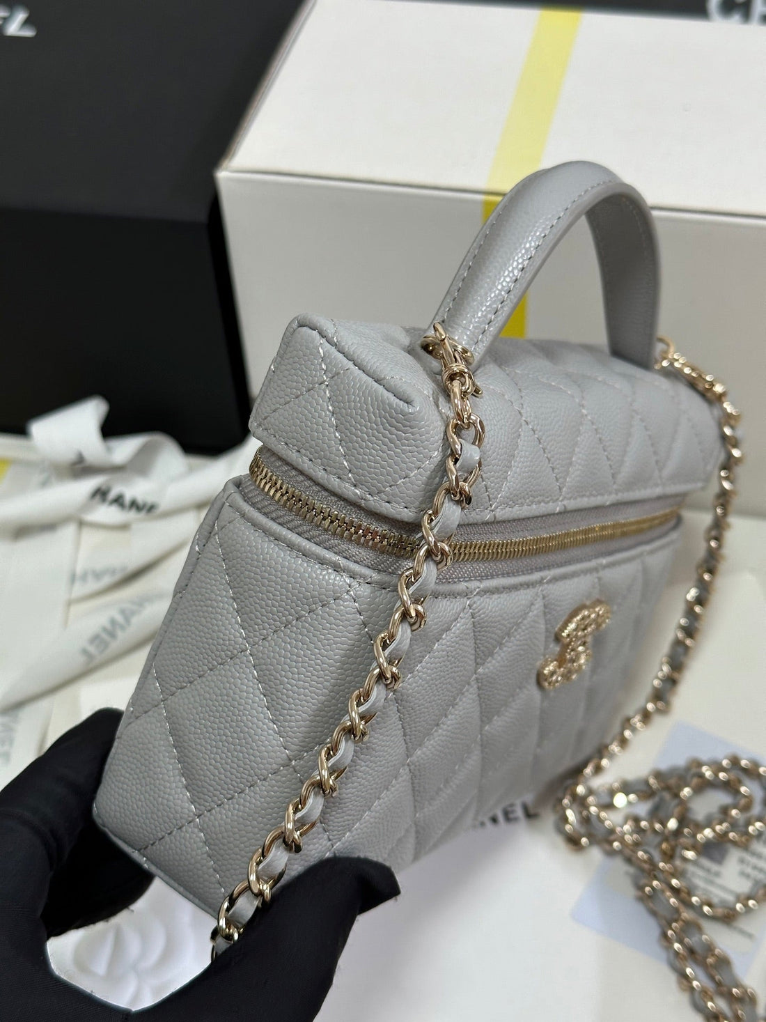 CC 25P Vanity Case 19.5cm Light Gray Calfskin Heart Rhinestone 243610