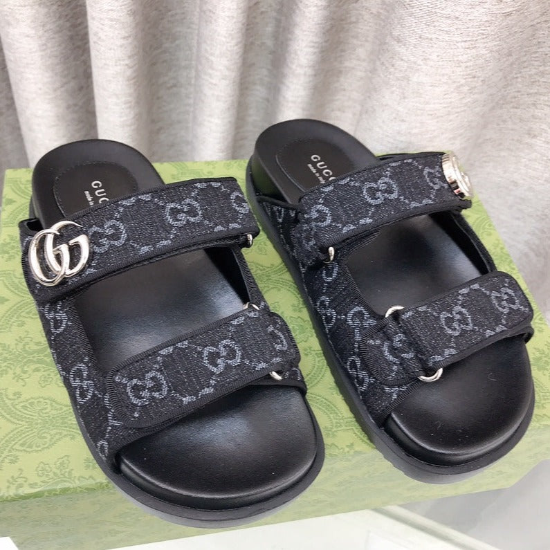 GG  Rubber Sole Logo Sandals Black Caro
