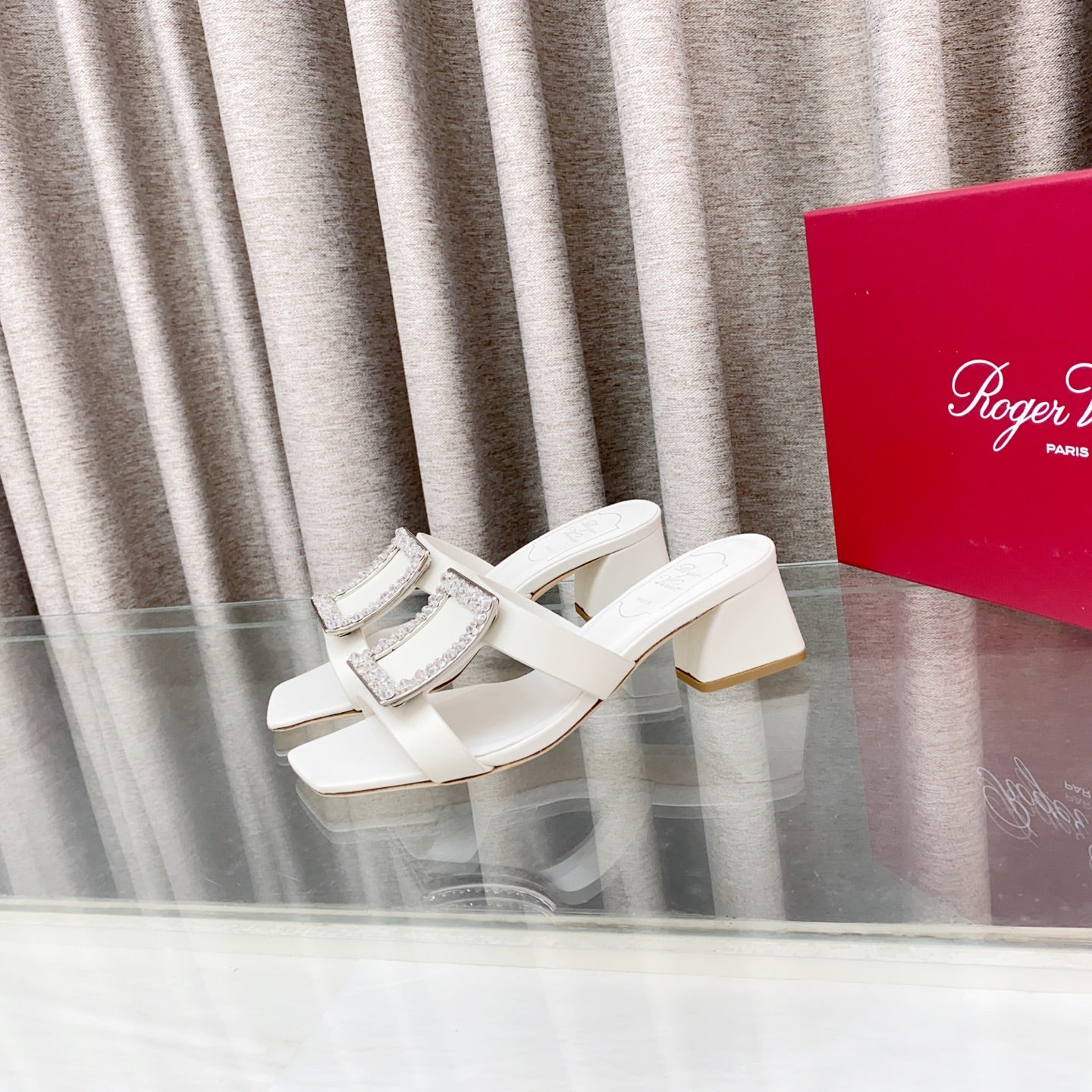 Viv 25 Diamond Mid Heel Slides White Cowhide 283040