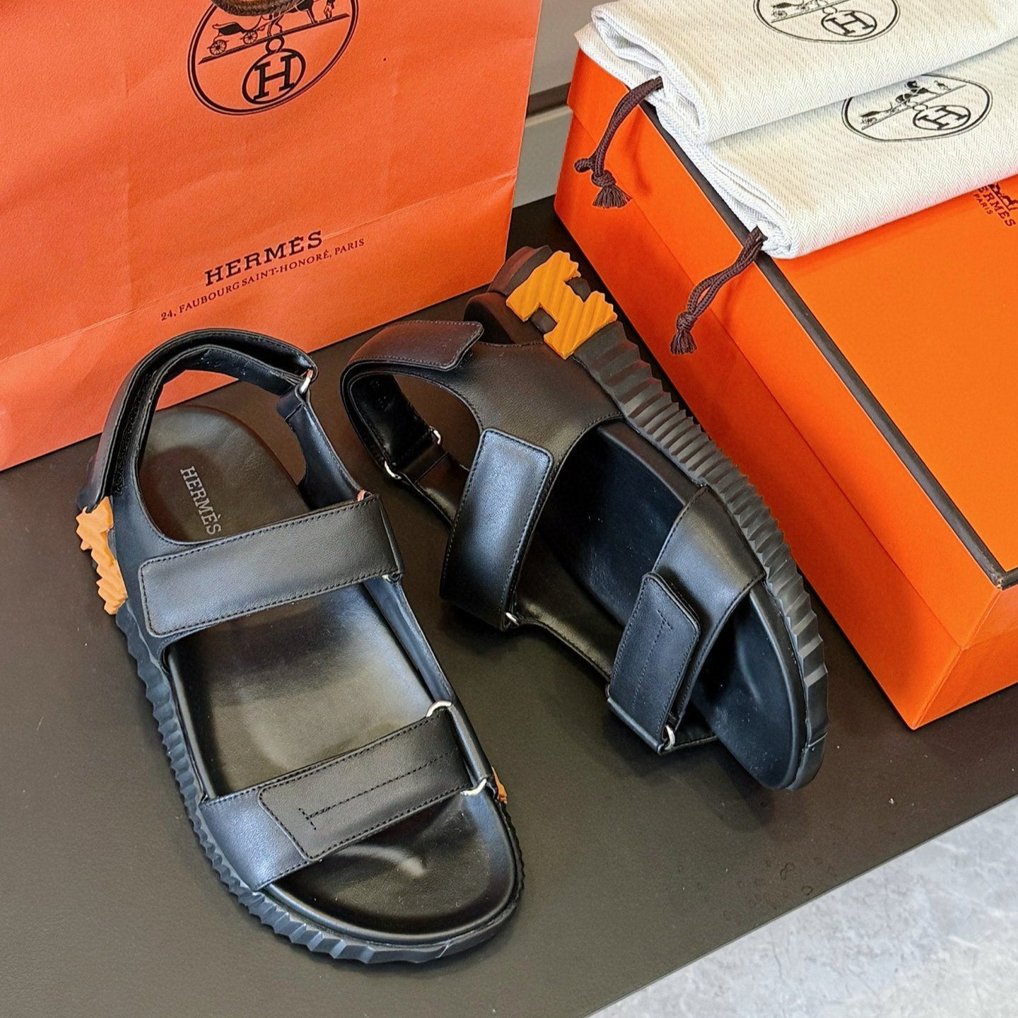 HM Men's Junior Sandal Black Orange Calfskin 643235