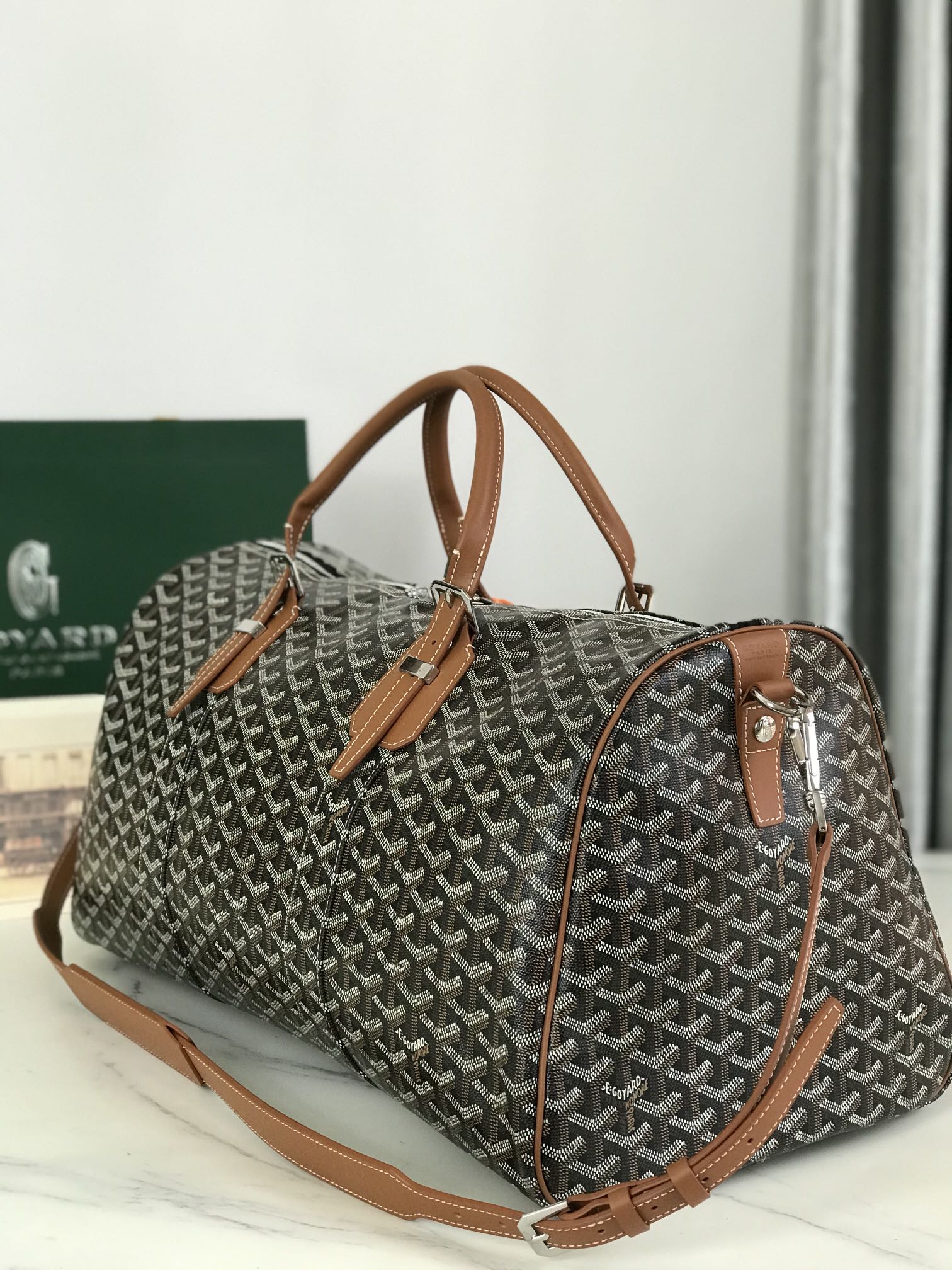 BOSTON 50 BAG IN BLACK GOYARDINE CANVAS AND TAN CALFSKIN TRIM