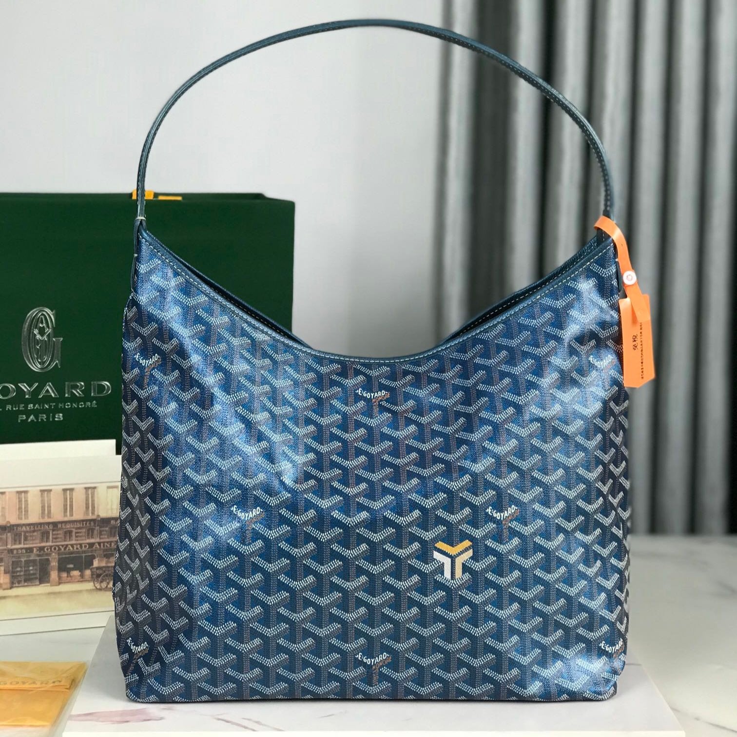 BohÃ¨me Hobo Bag 42cm Deep Blue Canvas Chevroches Calfskin
