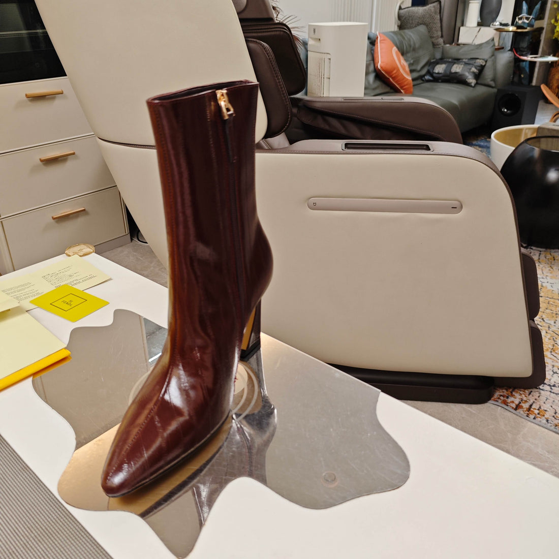 Fendi 25ss high-heeled boots burgundy sheepskin 502715