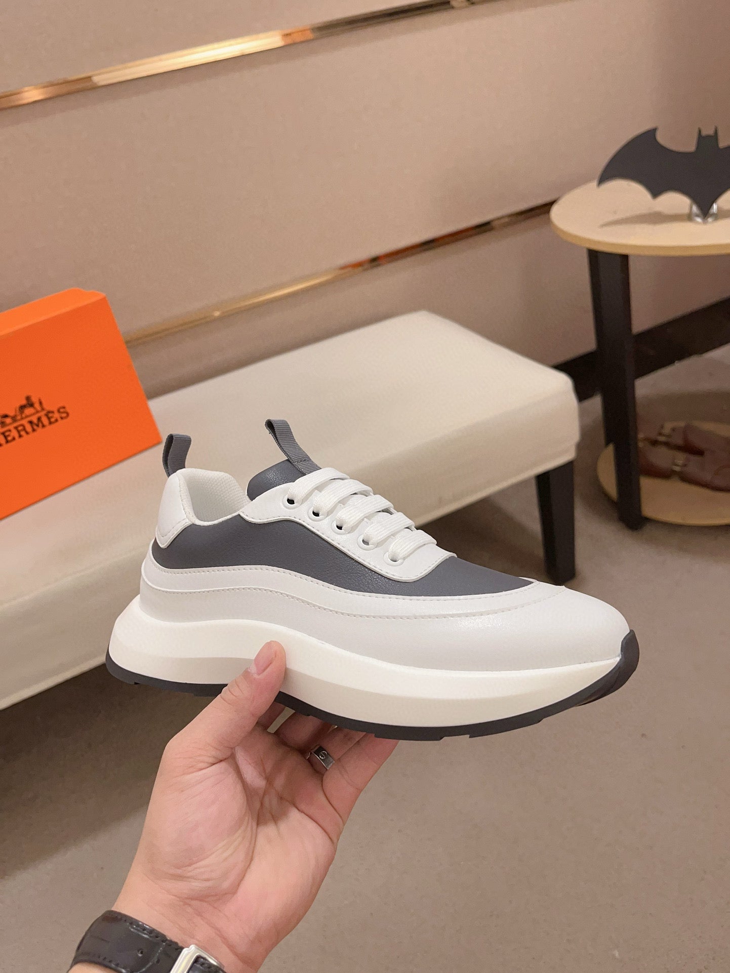 HM Men's Gramme Sneaker White Grey Cowhide 539678