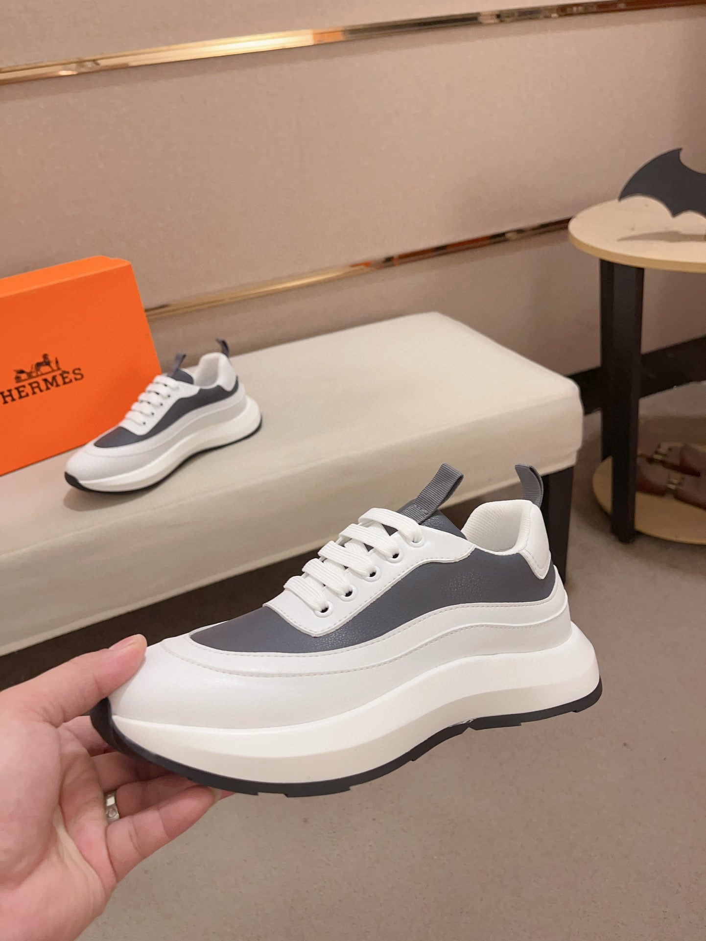 HM Men's Gramme Sneaker White Grey Cowhide 539678