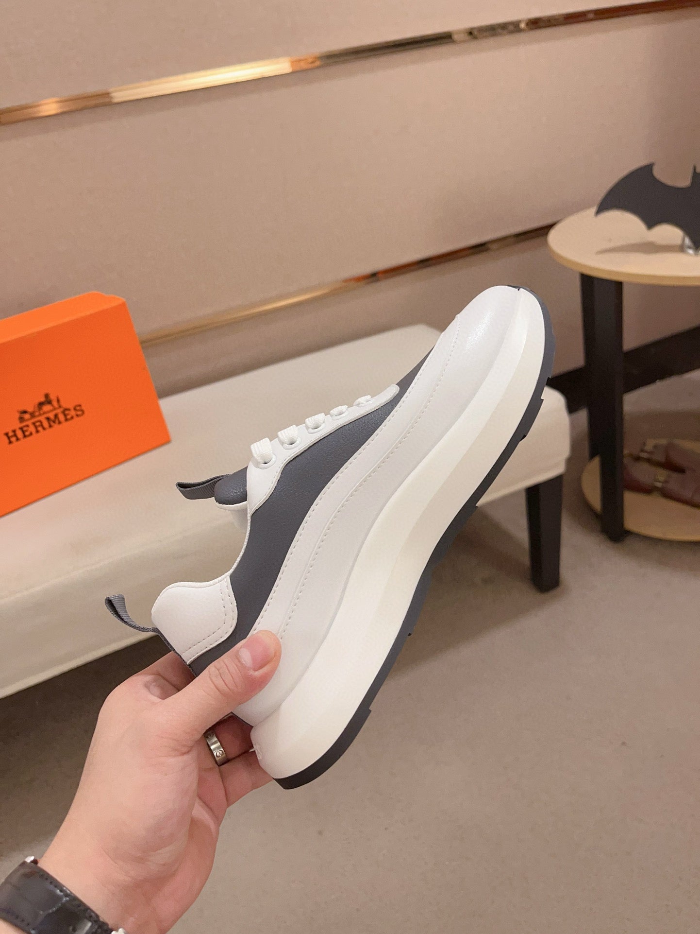 HM Men's Gramme Sneaker White Grey Cowhide 539678