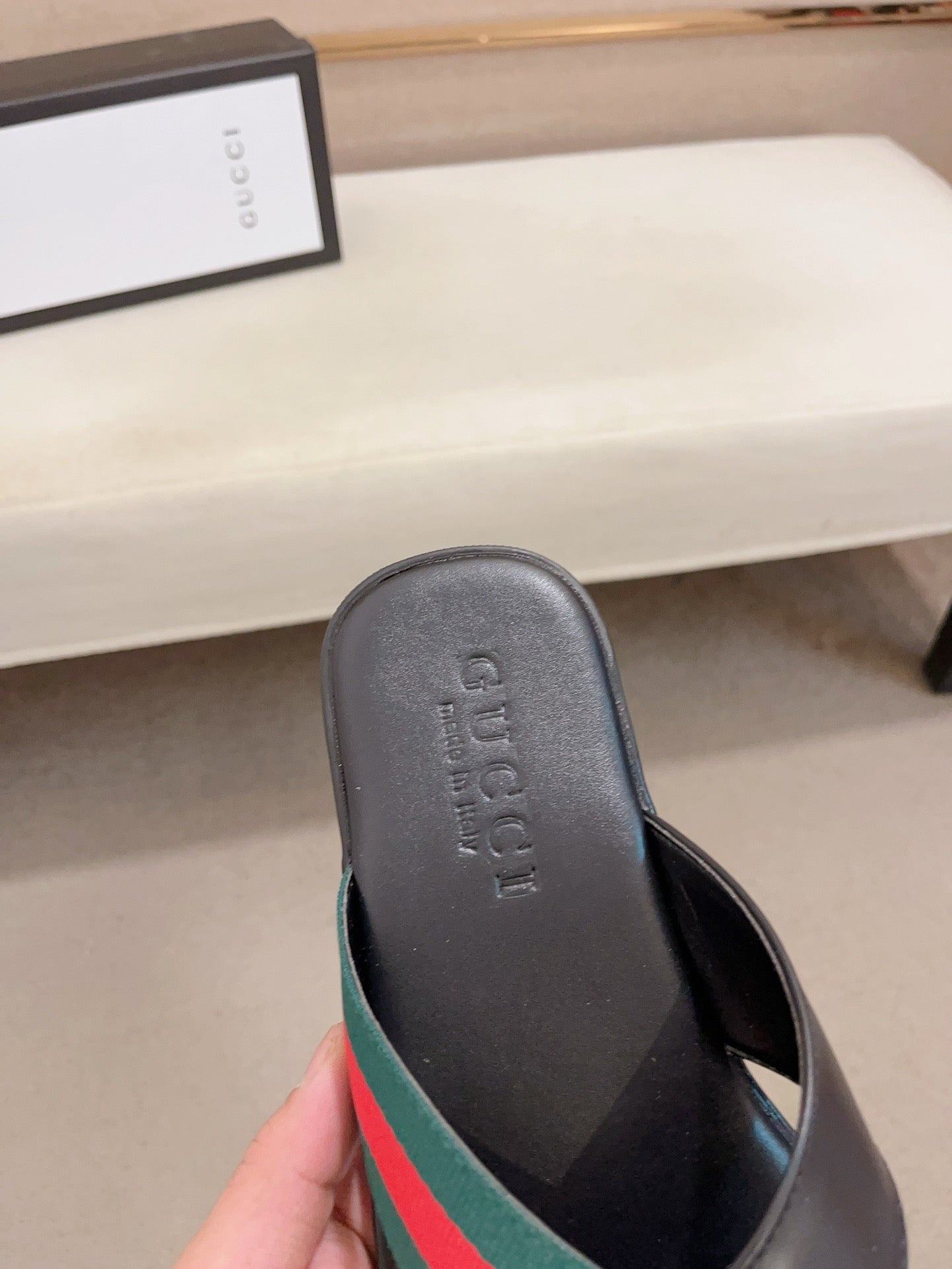 GG Men's Web Slide Black Green Cowhide 554606